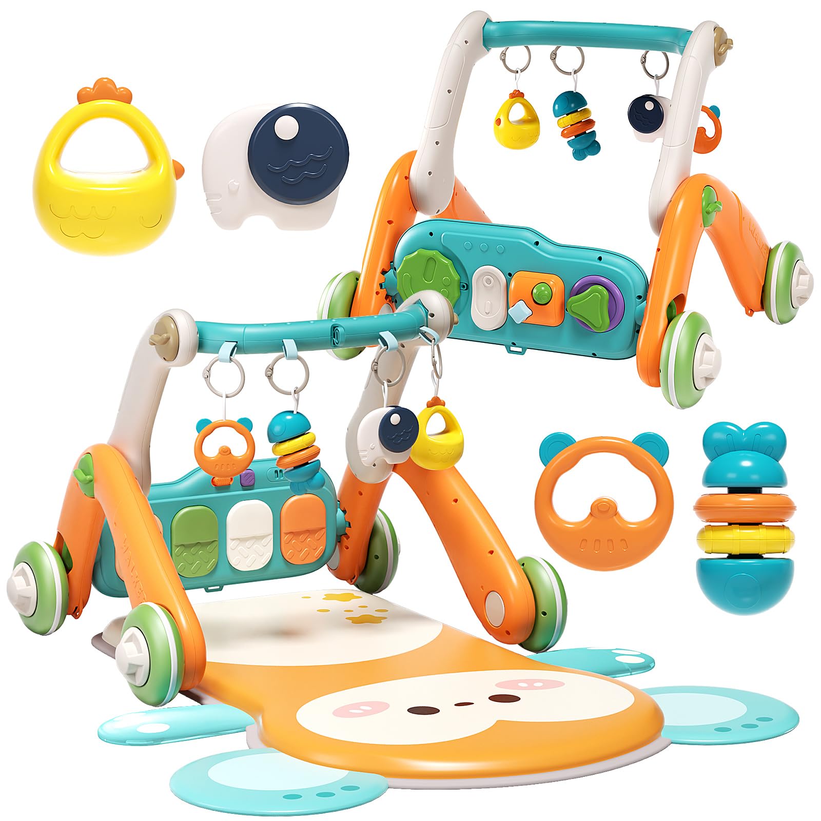 2 in 1 Baby Gym with Walker,Baby Play Mat with 5 Infant Learning Sensory,Double-Sided Multifunctional Removable Play Piano Panel,Sit-to-Stand Learning Walker for 0-24 Months Boy Girl [Orange]