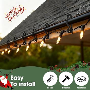Gutter Hooks for Outdoor Lights, 60 Pcs Slip-Resistant Christmas Light Gutter Clips with Reusable, Weatherproof, Plastic, Flexible, Durable for Hanging Xmas Icicle Curtain Fairy Lights
