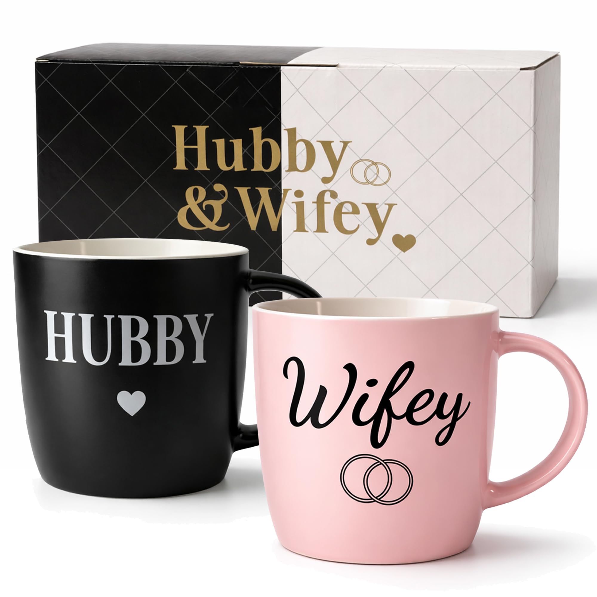 Triple Gifffted Hubby and Wifey Coffee Mugs Set, Mr and Mrs Couples Gift for Wedding, Anniversary, Engagement, Valentines, Christmas Day, His Hers Present for Husband Wife, Newlyweds, 13oz Ceramic