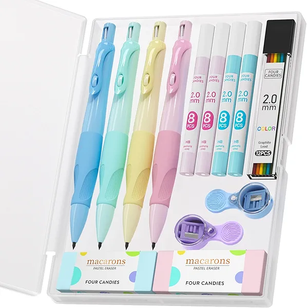 Four Candies 2.0MM Mechanical Pencil with Comfort Ergonomic Grip, 4PCS Cute Mechanical Pencils with 44PCS Lead Refills, 2PCS Sharpeners/Erasers, Aesthetic School Supplies for Kids Writing Drawing