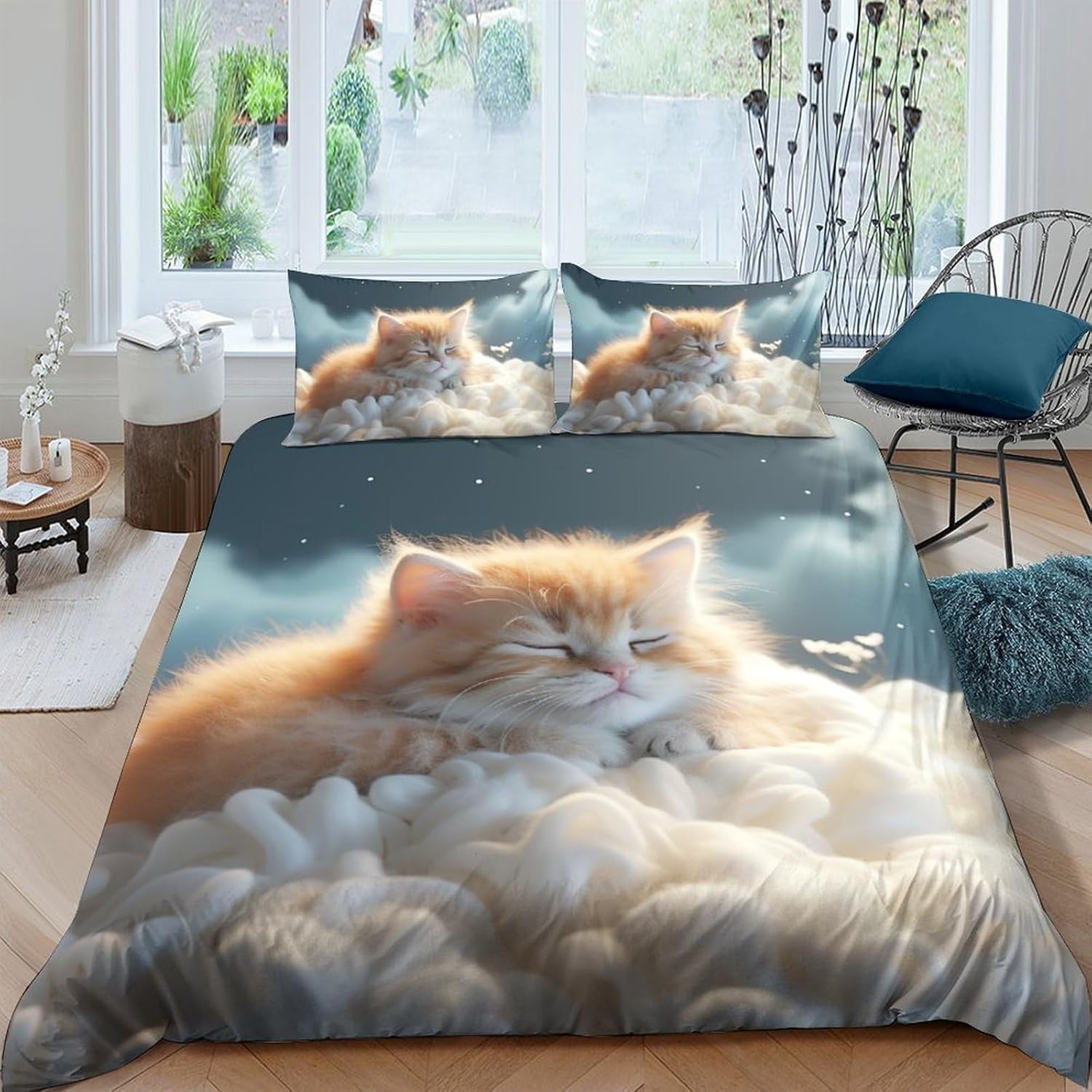 Parure de lit 240x220 housse de couette 3 pieces chat animalier microfibre anti-allergie