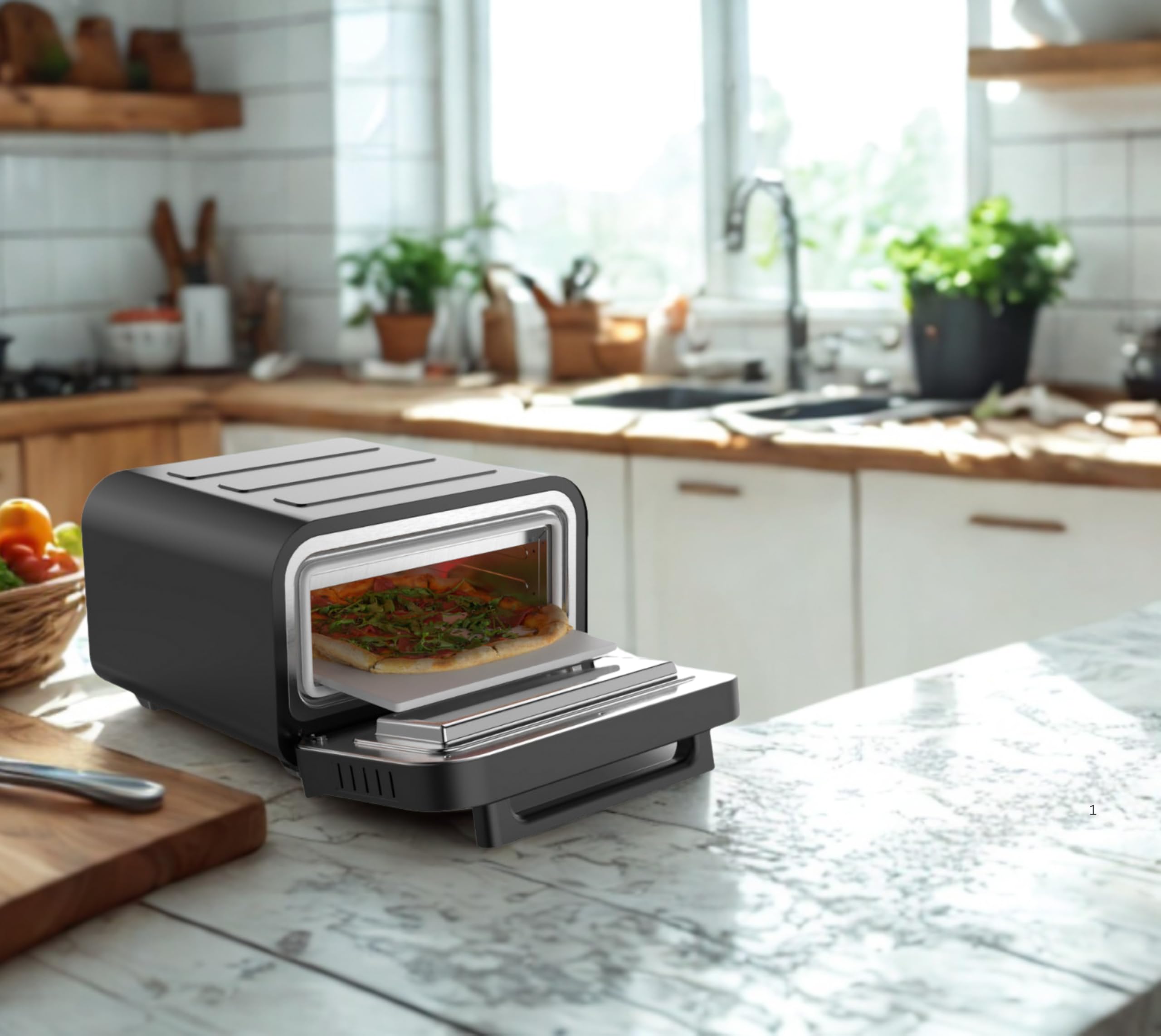 Horno eléctrico para pizza con piedra para pizza, 450 °C para pizza crujiente en 2 minutos, 1700 W, temporizador, iluminación interior y ventana, horno compacto para casa (negro)