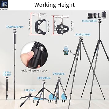 Carbon Fiber Tripod INNOREL P254C 62.5 Compact Lightweight Tripod & Monopod for DSLR Camera Stand Support with Low Gravity Center Ball Head Special-Shaped Center Column Max Load 26.5 lbs/12 kg