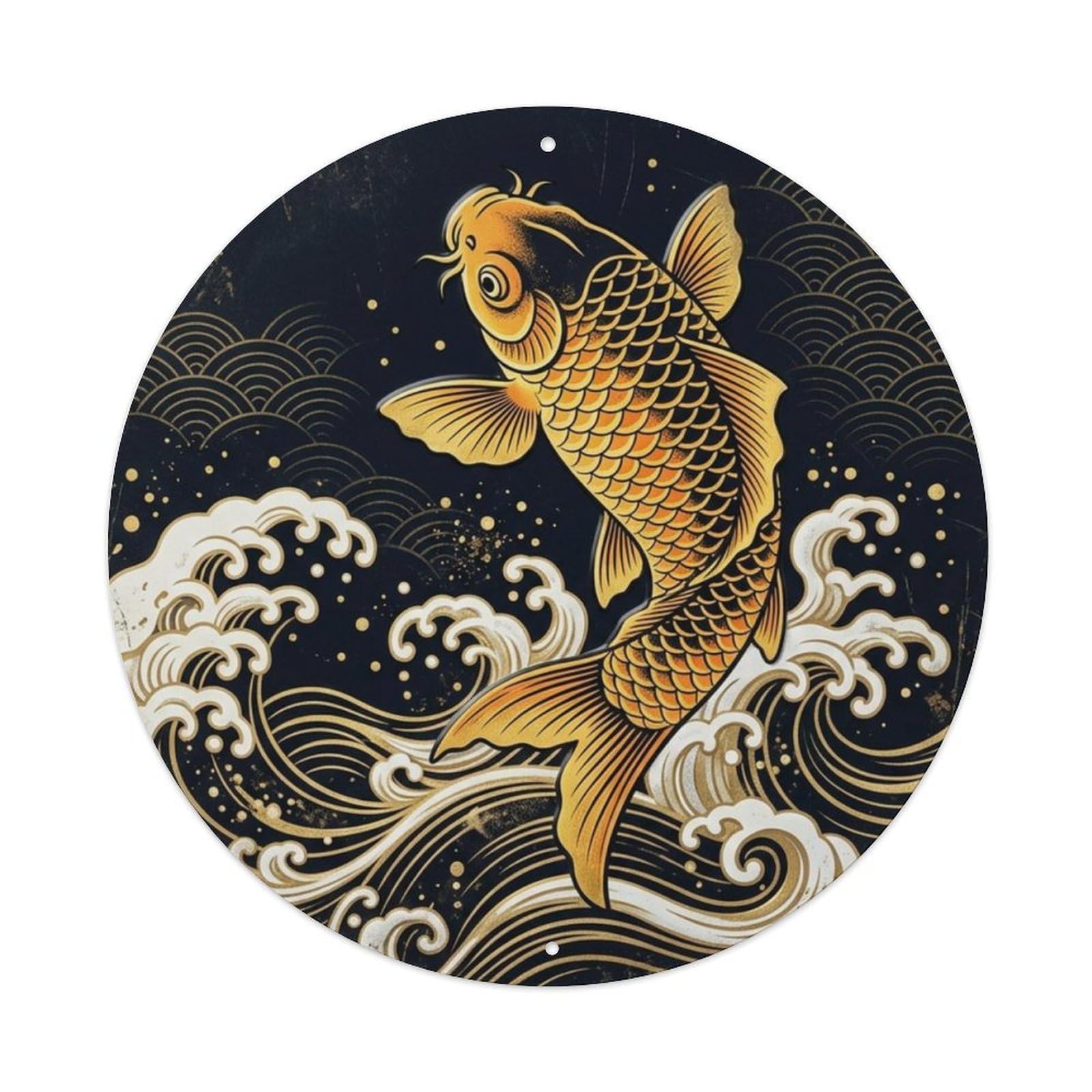 Fqcyn Style Koi Fish Midnight Gold Wave Entryway Metal Tin Sign Plaque Wall Decor For Cafe, Club Bar, Office, Home Garden Round Metal Poster 8X8inch
