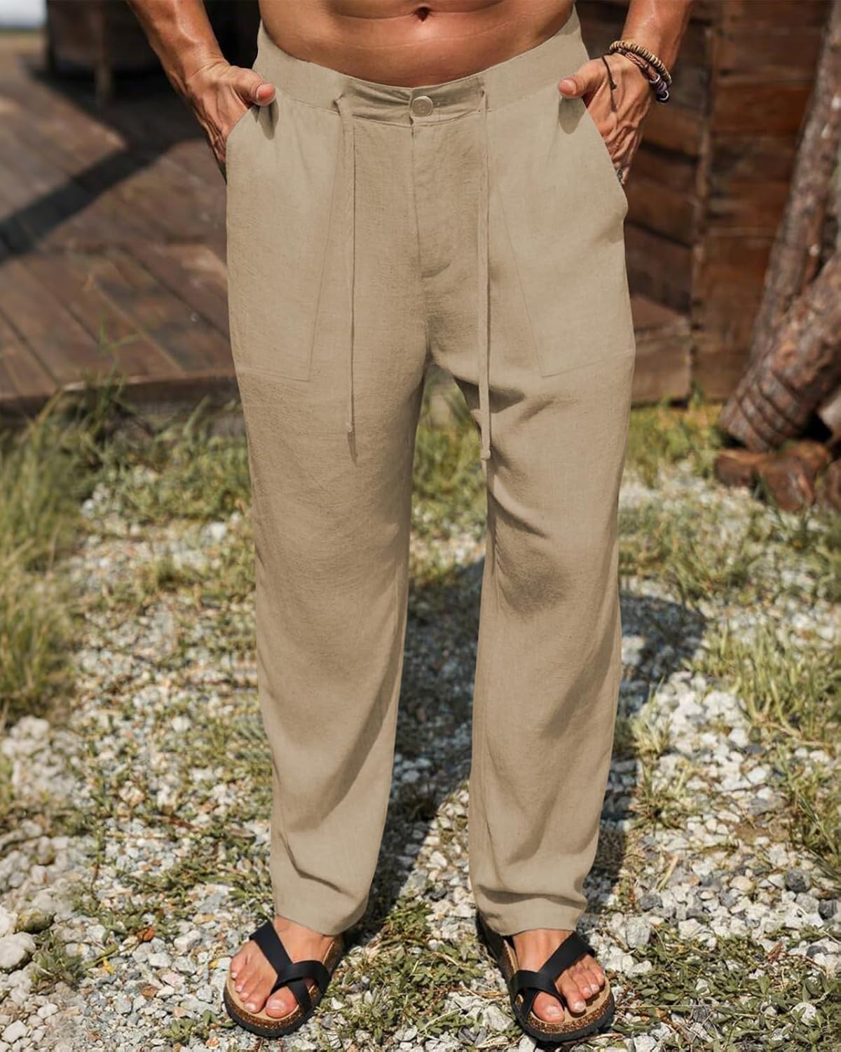 Wangdo Men's Linen Pants Casual Beach Yoga Baggy Trousers Summer Lightweight Elastic Drawstring Waist Pants with Pockets - Image 7