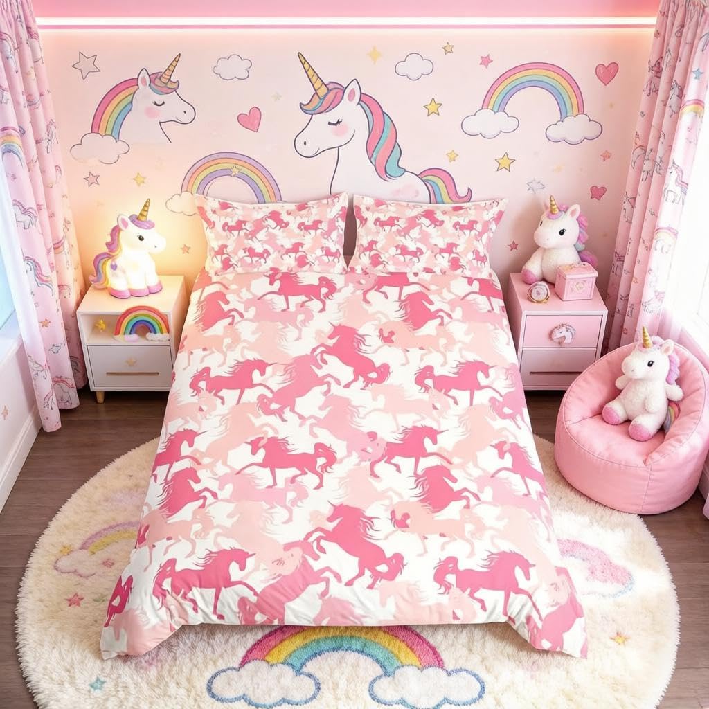 Pink Unicorn Bedding Set King for Girls Cute Unicorn Silhouette Duvet Cover Set Kawaii Magical Animal Bedding Set Dreamy Unicorn with 2 Pillowcase — image 1
