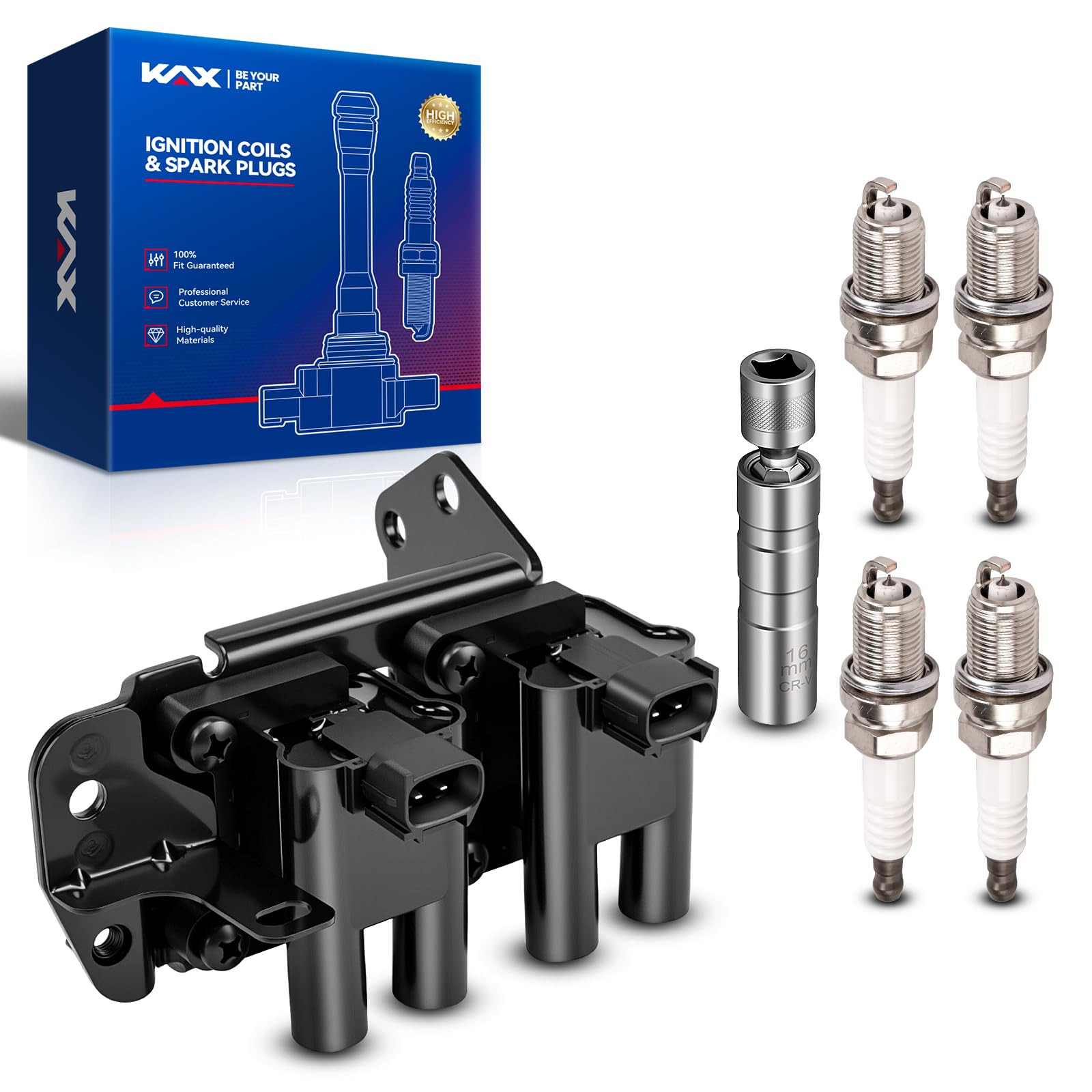 KAX 1 Ignition Coil &amp; 4 Spark Plugs Set Fit for Hyundai Accent