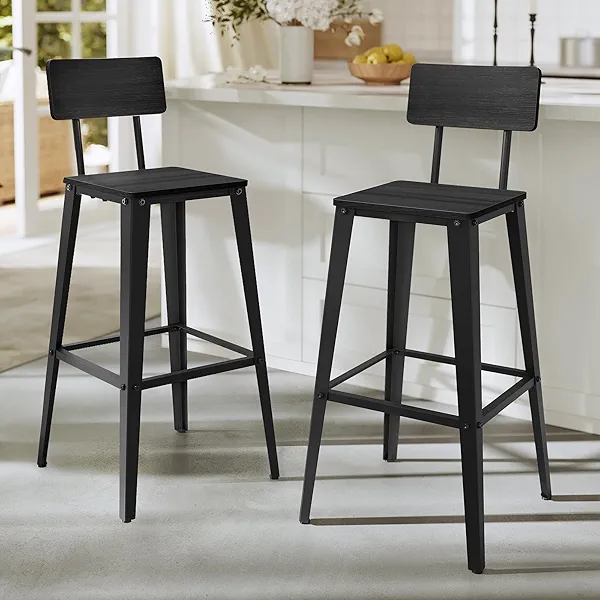 VASAGLE Set of 2 Bar Stools, Bar Height Stools, 29.1 Inches Tall Barstools with Back, Counter Bar Chairs for Kitchen Island, Steel Frame, Industrial Style, Easy Assembly, Ash Black and Ink B