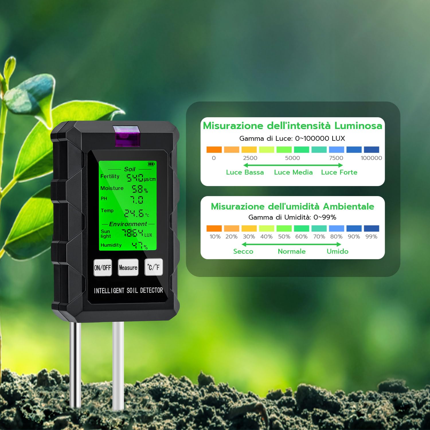 Wigearss 6 in 1 Misuratore PH Terreno, Misuratore umidità Terreno, Misuratore di Termometro Terreno, Misuratore Fertilità Terreno, Misuratore Luce Solare e Misuratore di umidità Ambientale per Piante - 4