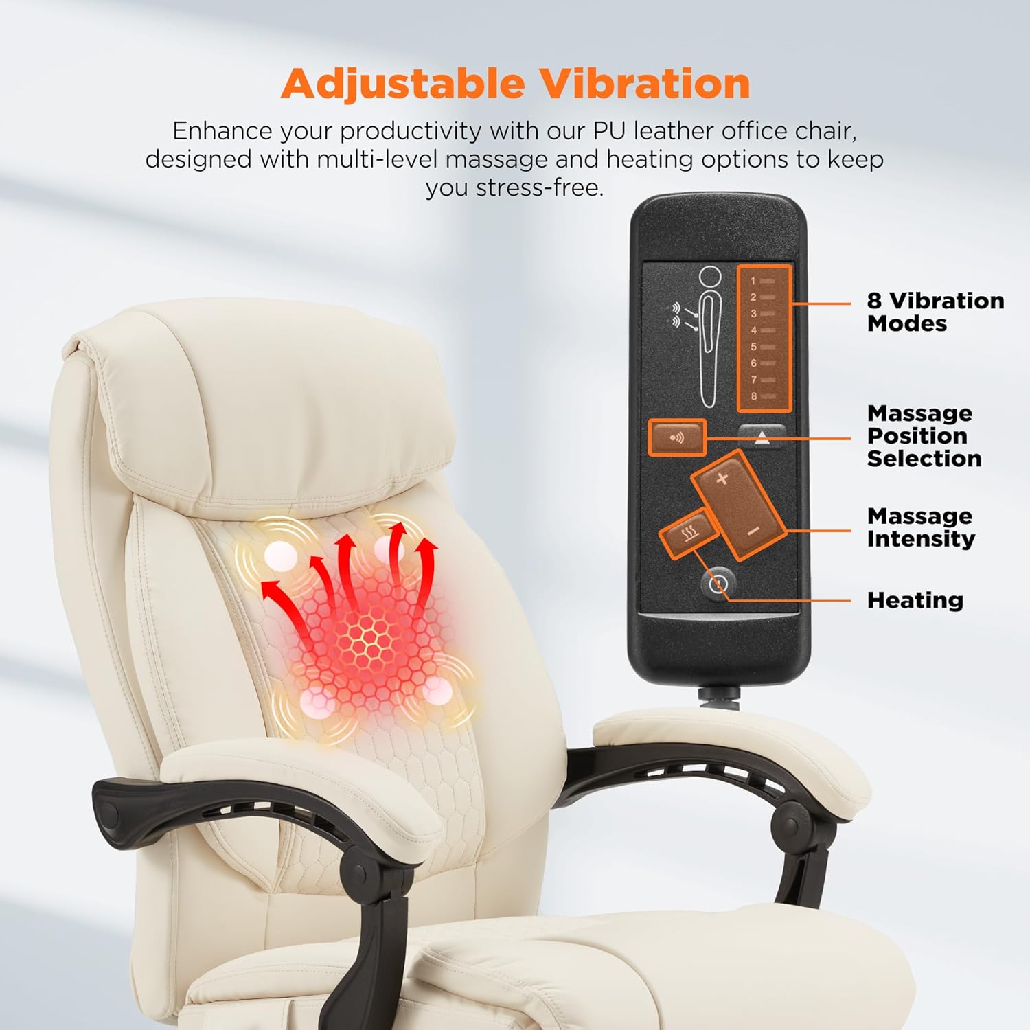 HOMREST 4-Point Massage Office Chair with Heating and Footrest, Reclining Executive Leather Desk Chair, Ergonomic Heated Managerial Chair for Home Office, Beige