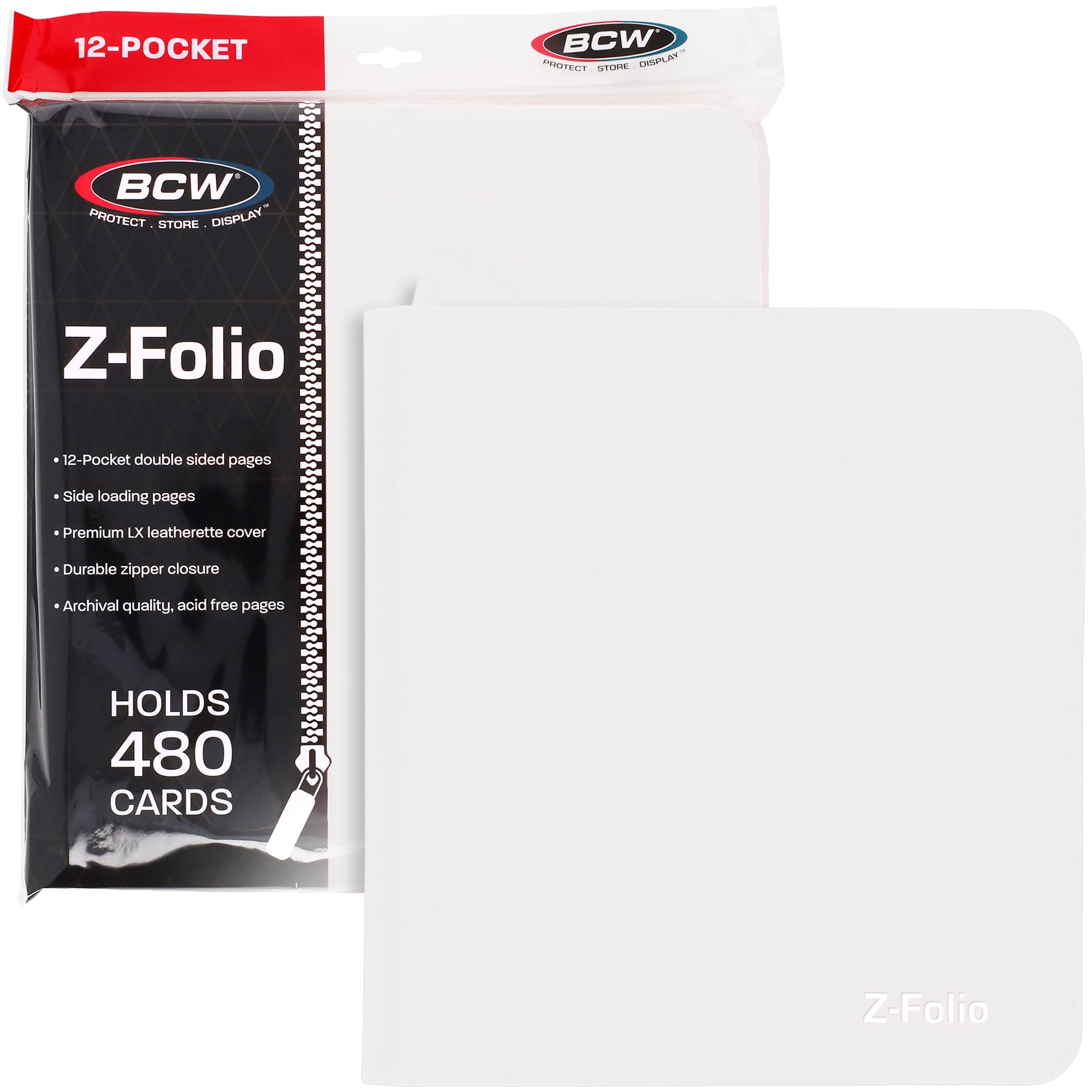 Z-Folio LX Zipper Portfolio - Premium White Leatherette 12-Pocket Playset Album - Secure Zipper - 480 Card Capacity - Card Collector's Dream - Card Organizer - Trading Card Storage