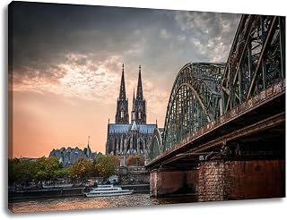 Large Framed Canvas Wall Art Prints Pictures koln germany city skyline cologne skyline sunset cologne bridge Artwork for Living Room Wall Paintings for Bedroom Bathroom Office 20" x 32"