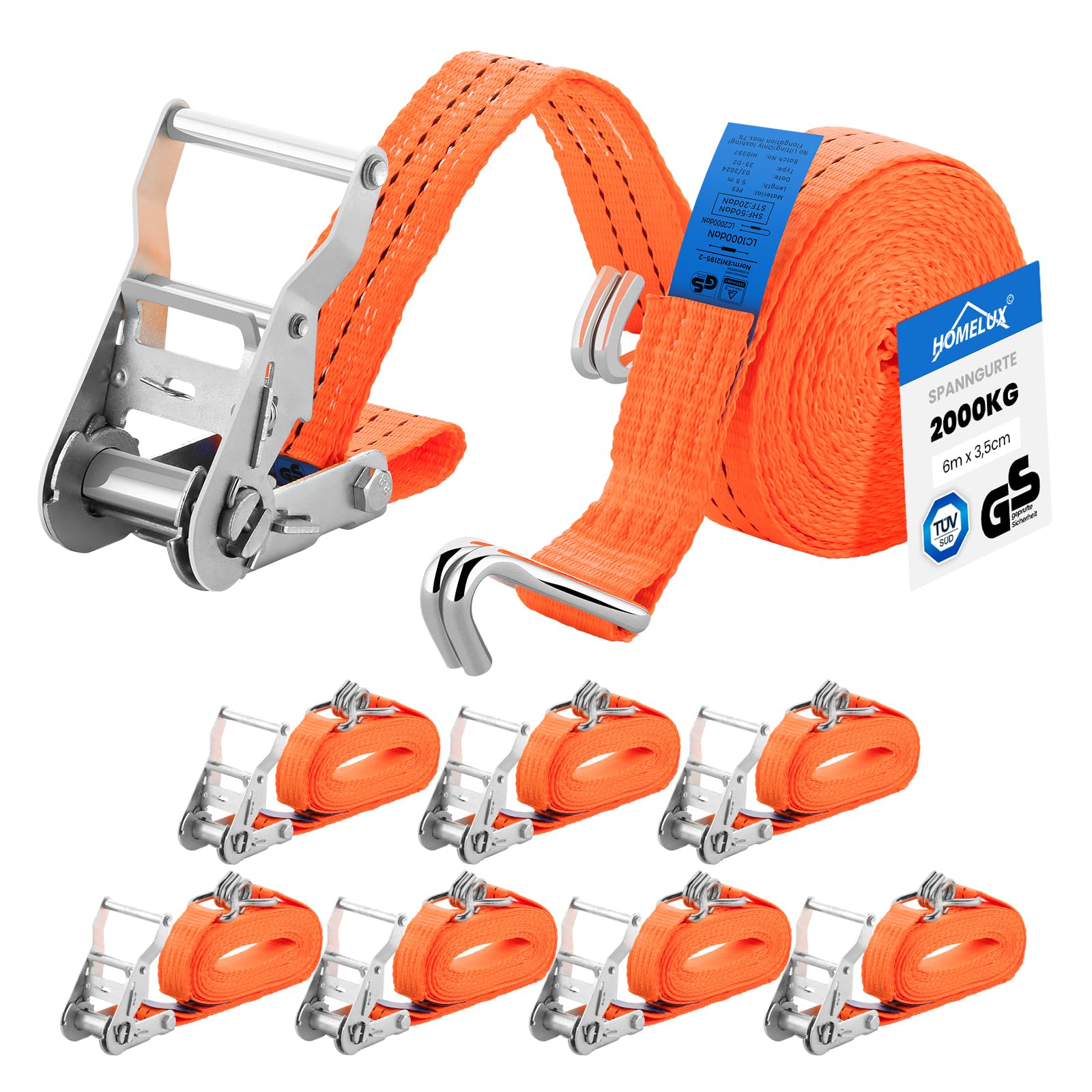 Spanngurte HOMELUX 8 Stück Spanngurte mit Ratsche und Haken | 6m x 3,5cm - 2000kg Zurrgurte mit Ratsche - TÜV/GS geprüft - Ratschengurt Zurrgurte für Ladungssicherung