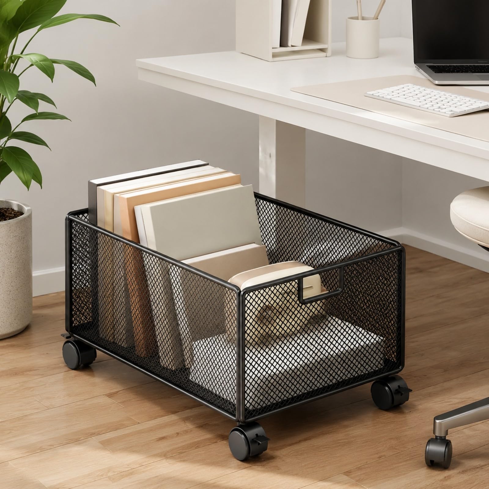 Carrello Libreria un Piano con Cestino a Rete Compatto Carrello Libri con Ruote e Freno Durevole Organizzatore Mobile per Soggiorno, Nero, L