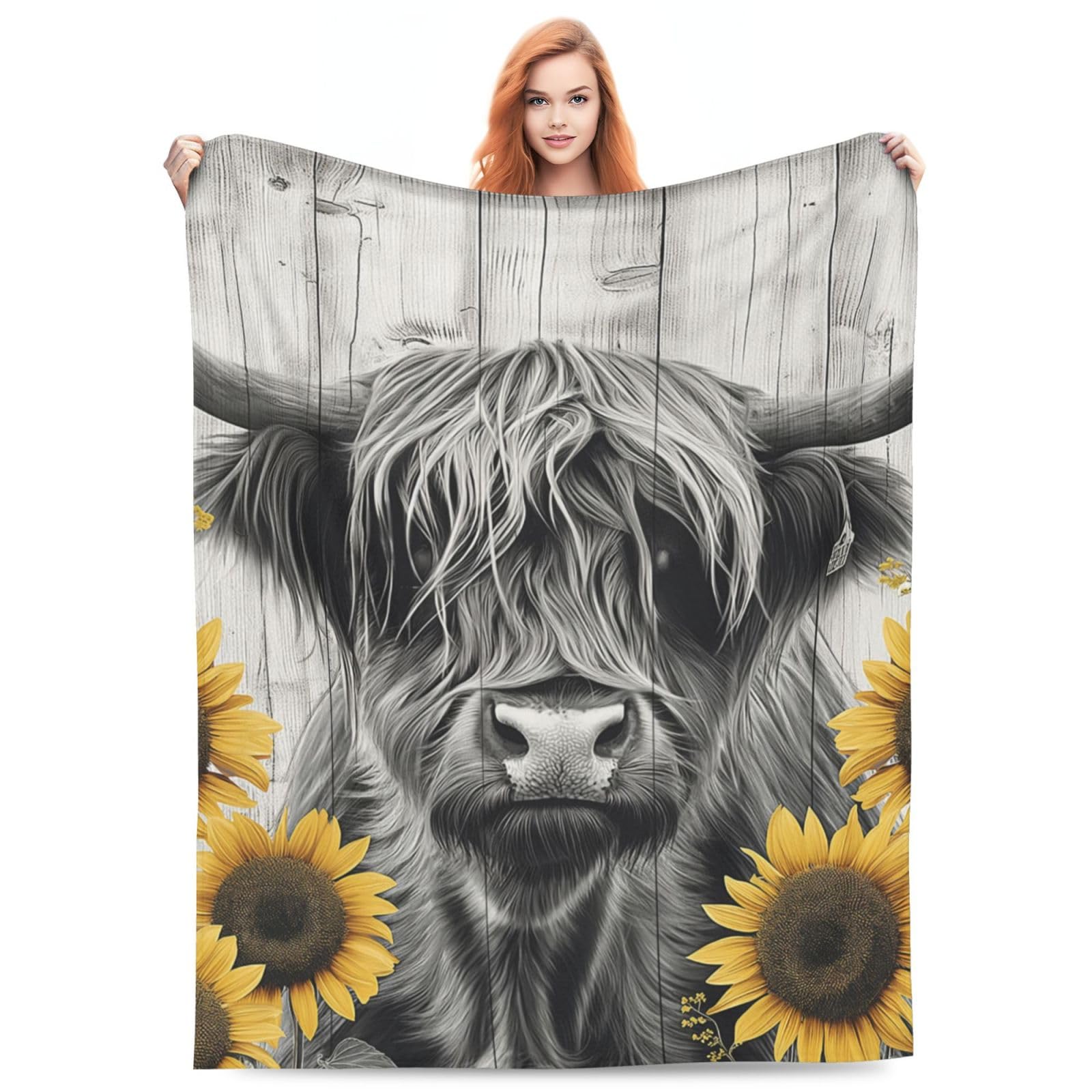 Turamurra Highland Cow Blanket Gifts for Adults Kids Soft Warm Lightweight Cozy Black and White Farmhouse Wooden Cow Sunflower Throw Blankets for Bed Sofa Living Room Couch Home Decor 50"x40" โ image 1