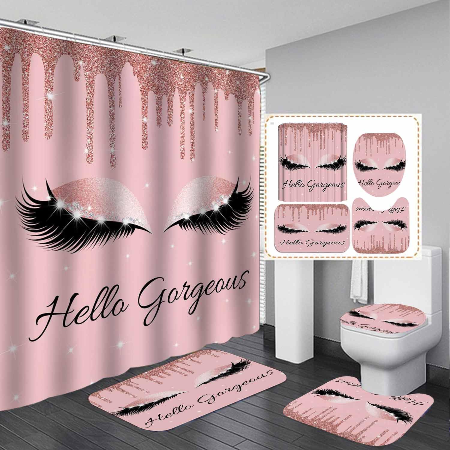 4PCS Hello Gorgeous Unicorn Eyelash Shower Curtain Set Luxury Diamond Rose Gold Glitter Eyeshadow Makeup Pink Glam Beauty