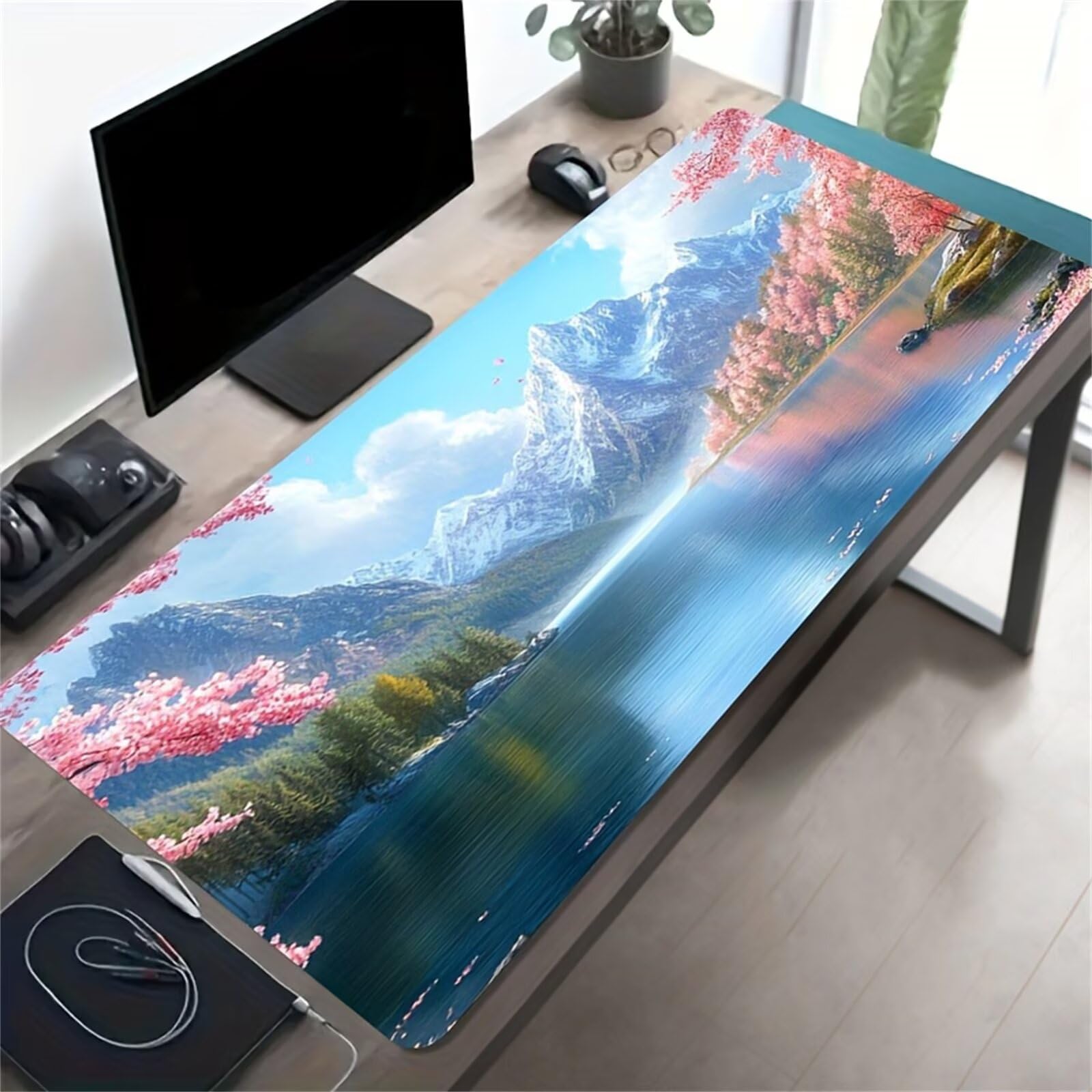 Grand Tapis de Souris de Jeu 1000x500x2 mm Mouse Pad Gaming Montagnes Rivières Fleurs Tapis de Bureau Antidérapant avec Bords Cousus pour Bureau, Études, Gamer