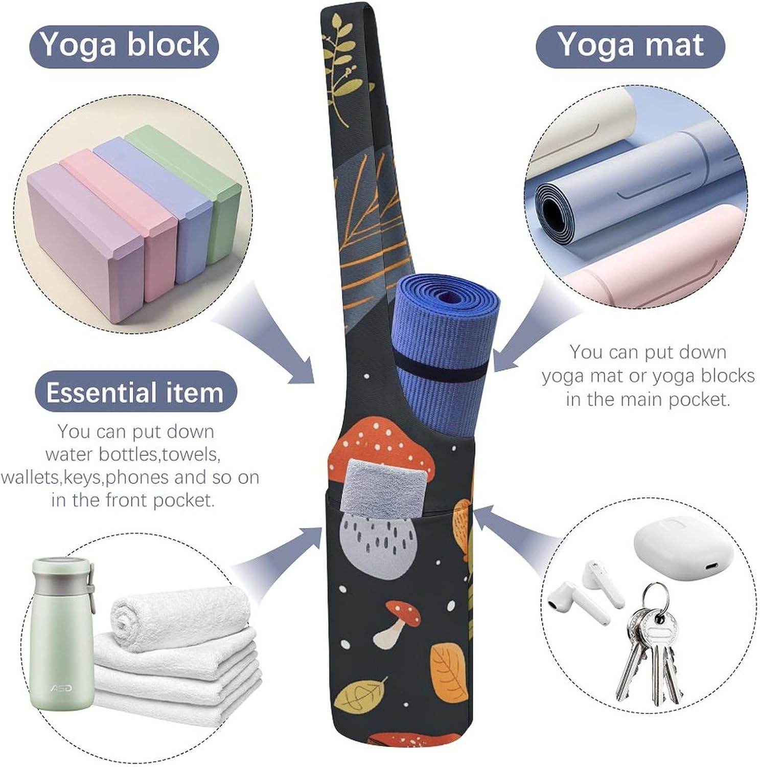 Yoga Mat Bag Large Opening Long Portable Yoga Mat Multifunctional Leaves And Mushrooms Printed Storage Bag Suitable for Fitness Pilates