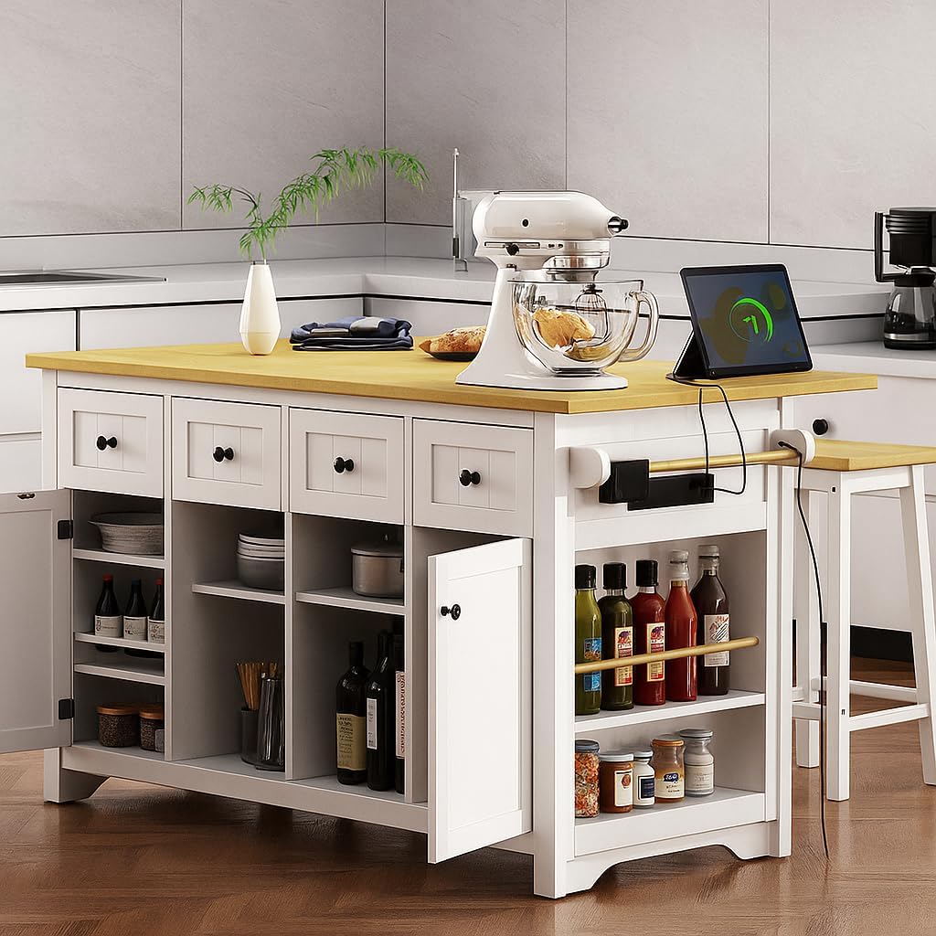 K&K 53inch Large Kitchen Island with Drop Leaf, Power Outlet, Door Internal Storage Rack, Rolling Kitchen Cart on 5 Wheels with 5 Open Side Racks for Kitchen, Dining Room,White