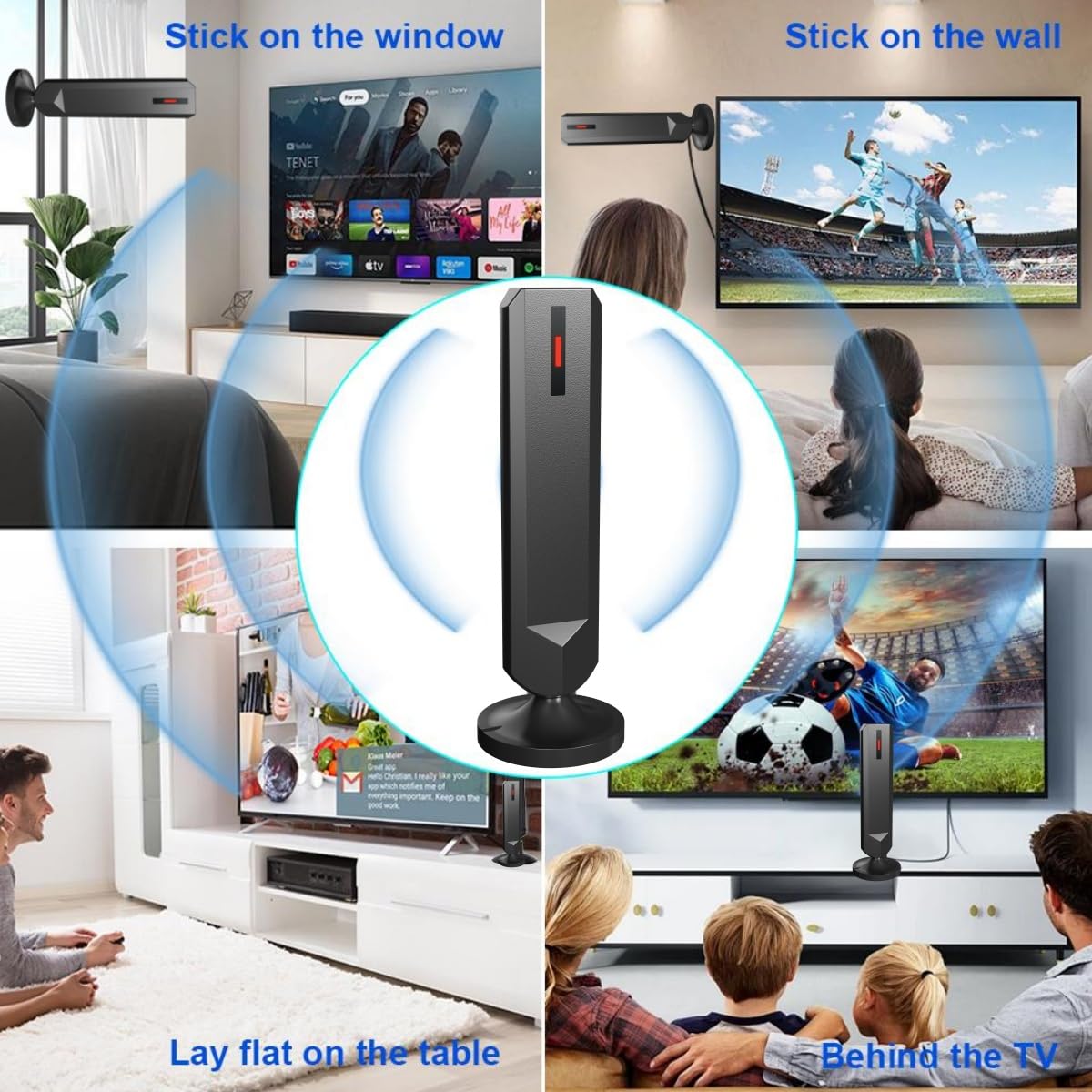 Antenne TV pour Smart TV d'intérieur, antenne TV numérique 2025 avec base bâton, réception à 360° et longue portée antenne HDTV 4K pour chaînes locales, antennes d'installation facile pour téléviseurs