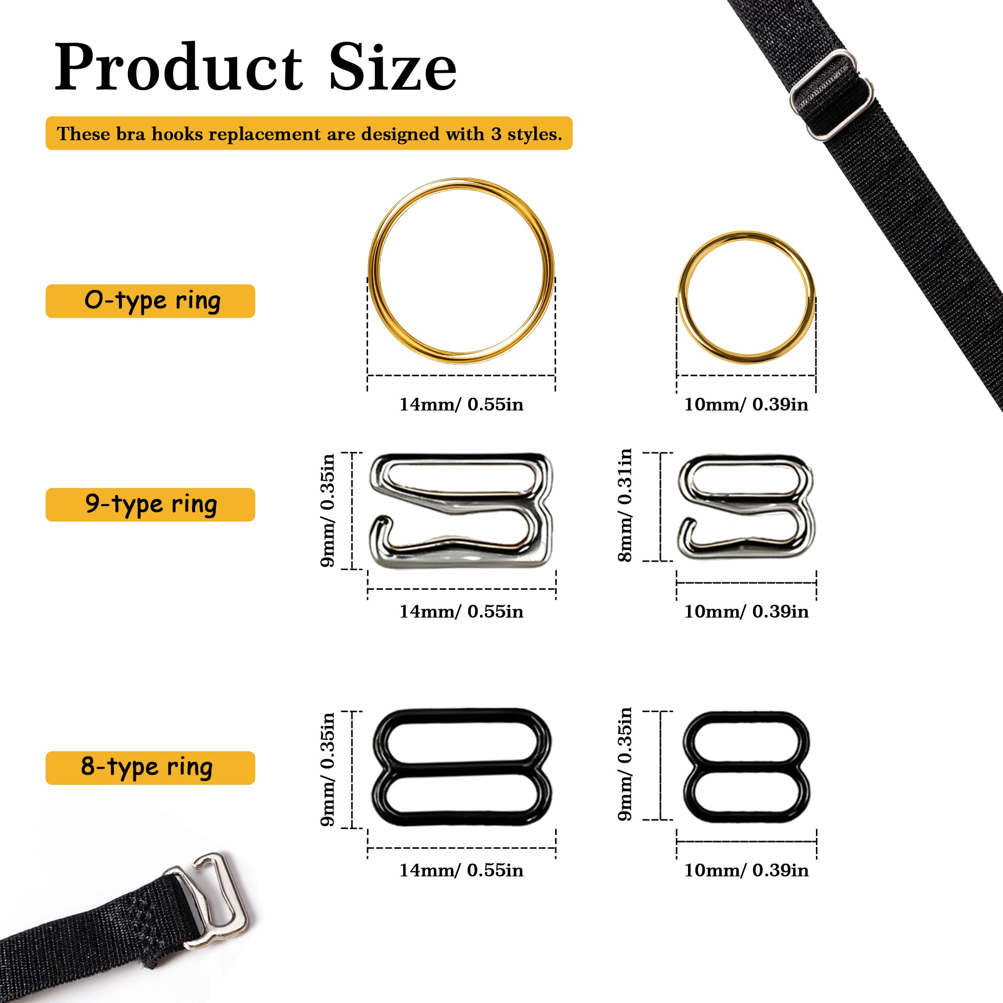 Kit de 360 ganchos para correa de sujetador, 3 estilos, ganchos de costura de metal, anillos de brasier y deslizadores, clips para traje de baño, deslizador de ajuste para vestido, traje de baño