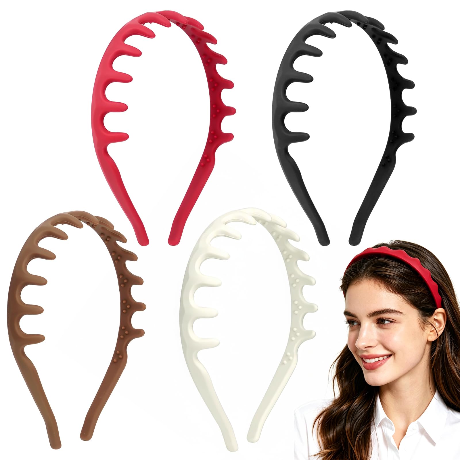4 Pcs Headbands for Women, Toothed Non Slip Head Bands, No Headache Zig Zag Headbands, Soft Silicone U Shape Fashion Hair Headband, Comfortable and Stylish Desi