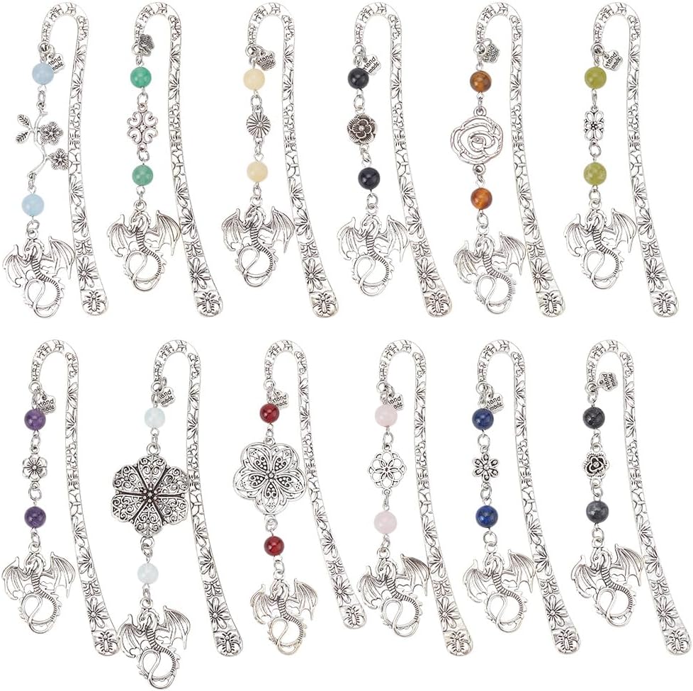 DELORIGIN 12PCS Dragon Metal Bookmarks Vintage 12 Styles