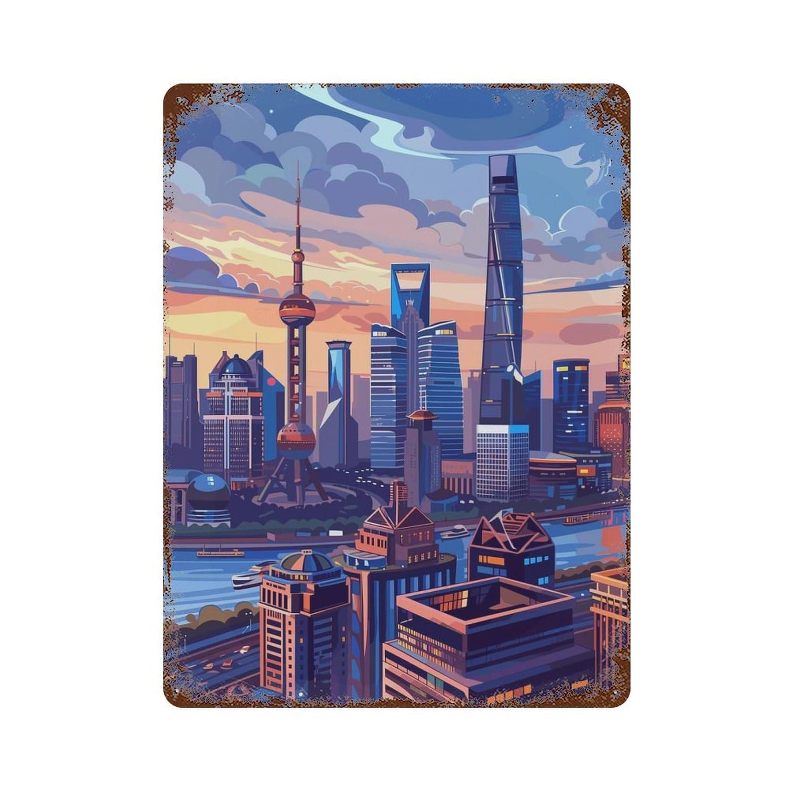 Shanghai Skyline 15.7"x11.8" Rust Effect Tin Sign, Decorative Metal Wall Art for Garage, Bar And Workshop Decor