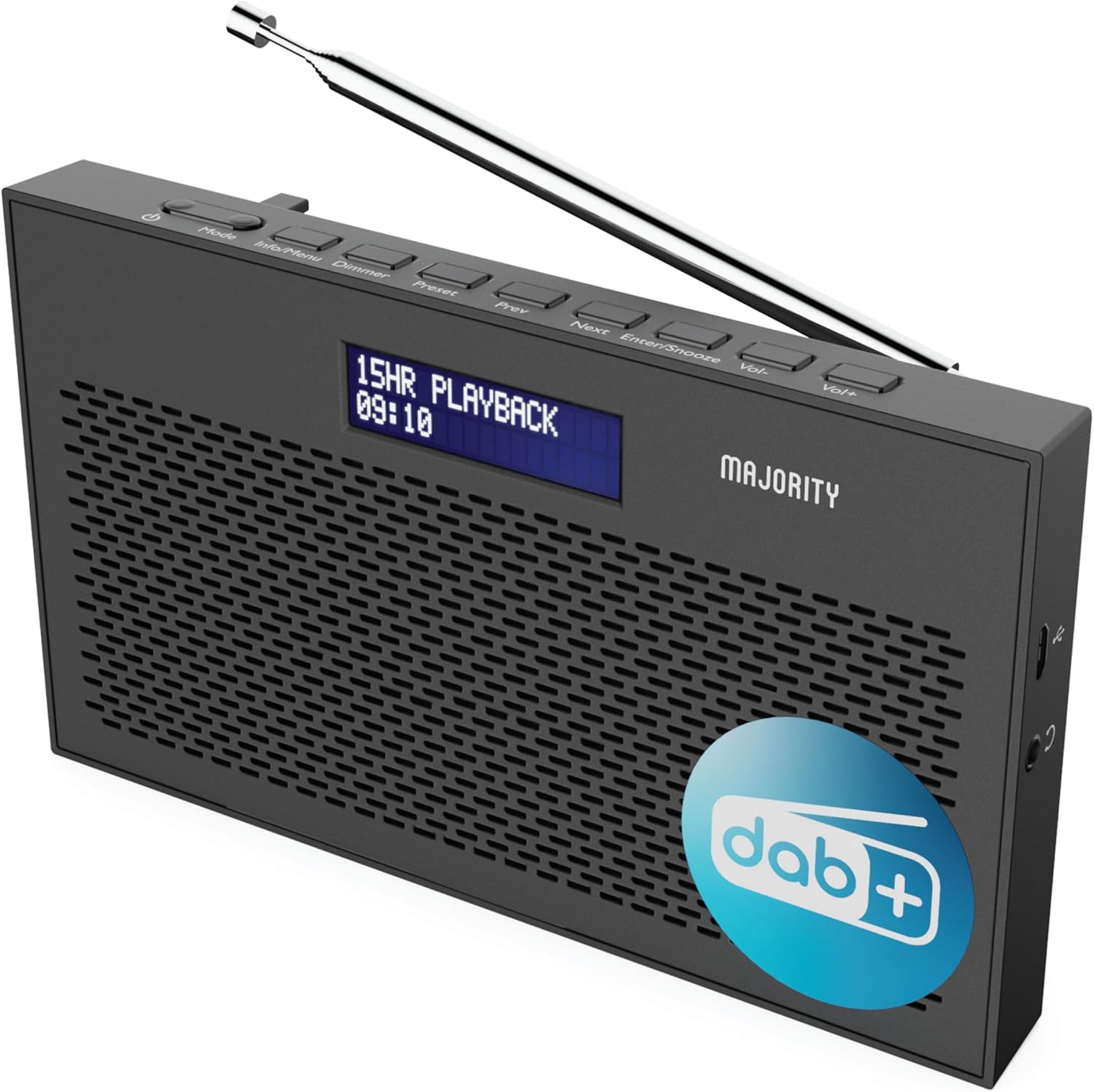 Front view of the Majority Histon Portable DAB/DAB+ Digital Radio, showing the speaker grille, LED display, and control buttons on top.