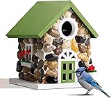 Masterpiece Bluebird House for Outside Clearance,Hanging Bird House for Outdoor, Stone Villa, Birdhouse for Outside, Garden Statue Solid Wood Longtime Lasting, Post Pole Mountable (Green) Green White
