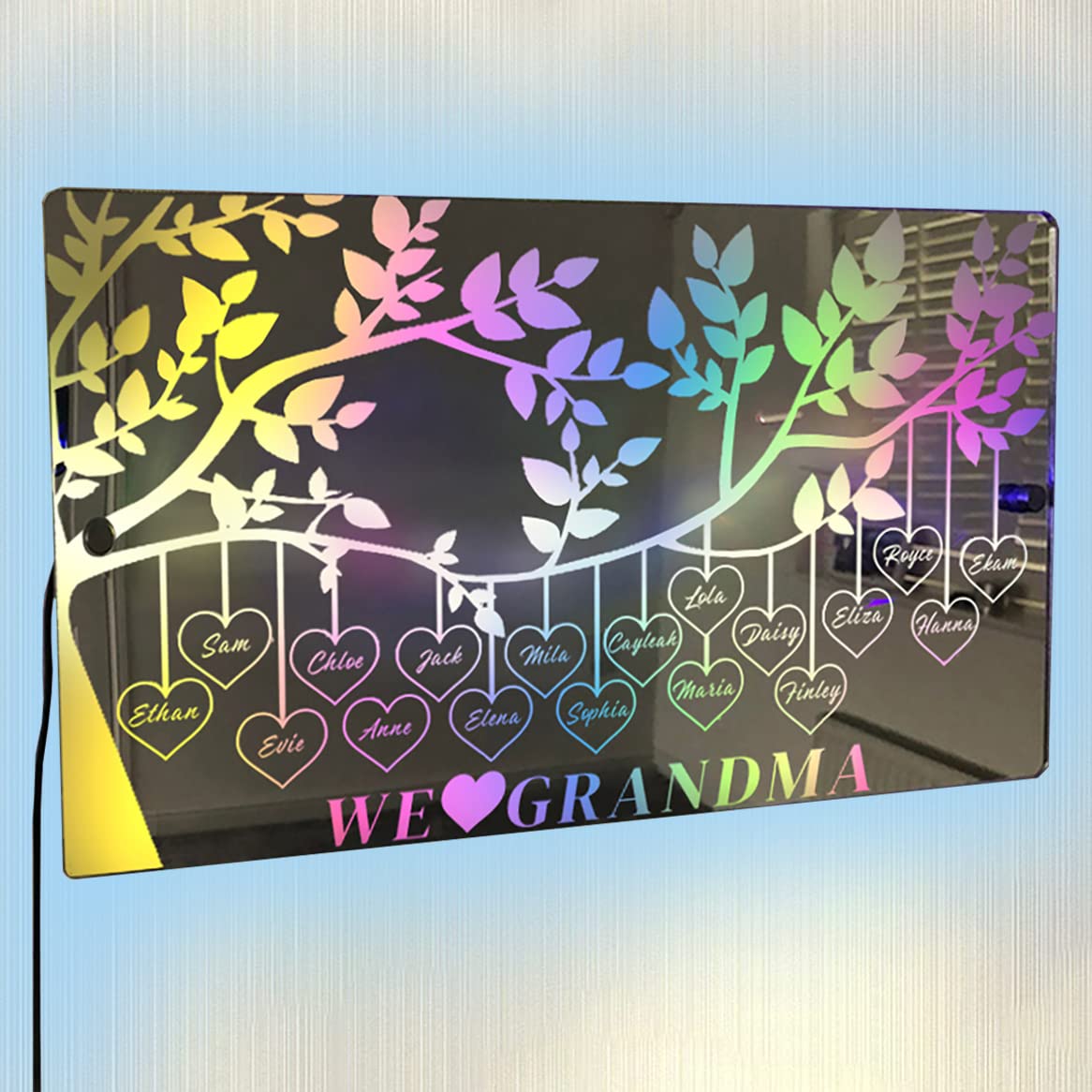 Ozinna Personalised Family Tree of Life Mirror Led Light Neon Sign, Custom Name 16 Color Changing Light Up Mirror Wall Decor, Rectangular, 30.48cm x 30.48cm, Acrylic, Home/Wall Art