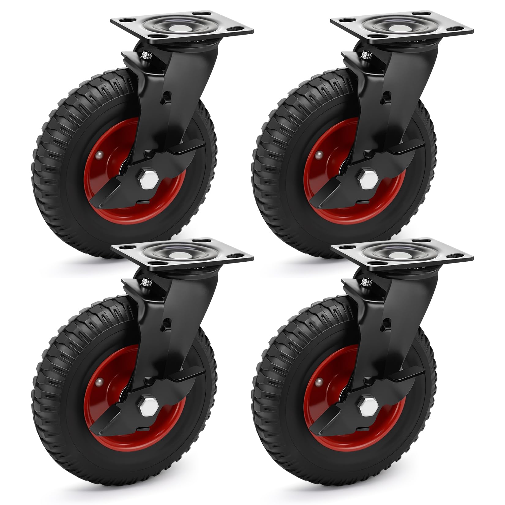 8 inch outdoor heavy duty casters wheels set of 4, sturdy large rubber casters with brake 2200 lbs, industrial grade plate swivel castors with knobby tread for dollies, cart, machine