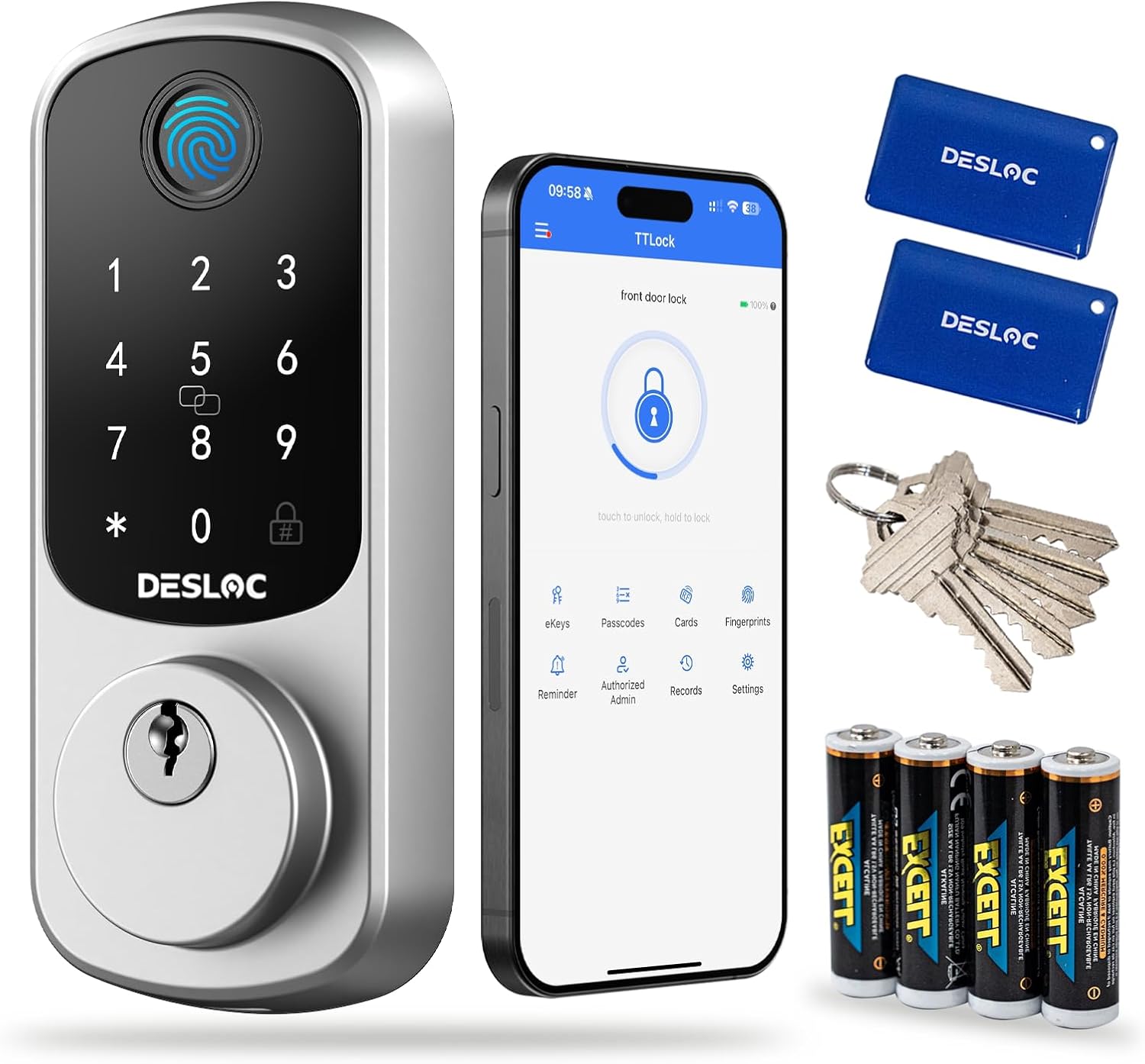 DESLOC B200 Fingerprint Smart Door Lock, Keyless Entry Door Lock, App Control, Smart Locks for Front Door, Smart Deadbolt Lock, Touchscreen Keypad, Emergency Power Port, 12 Months Battery, Sliver