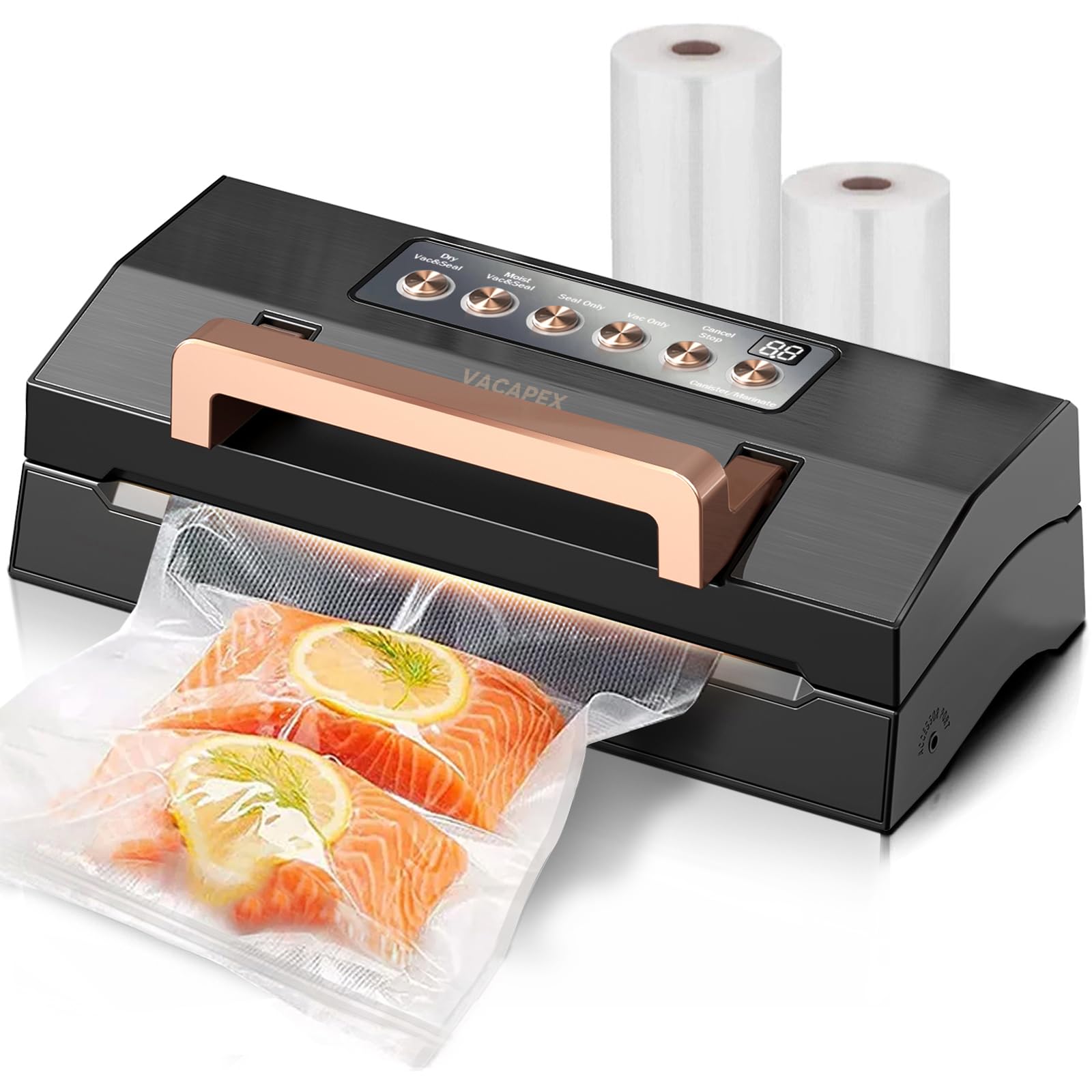 2025 Black Stainless Steel Food Vacuum Sealer, VACAPEX Deluxe Vacuum Sealer Machine with 11" Double Heat Seal and Automatic One-Touch System, Bags Storage & Cutter, Easy-Lock Handle with 2 Bag Rolls