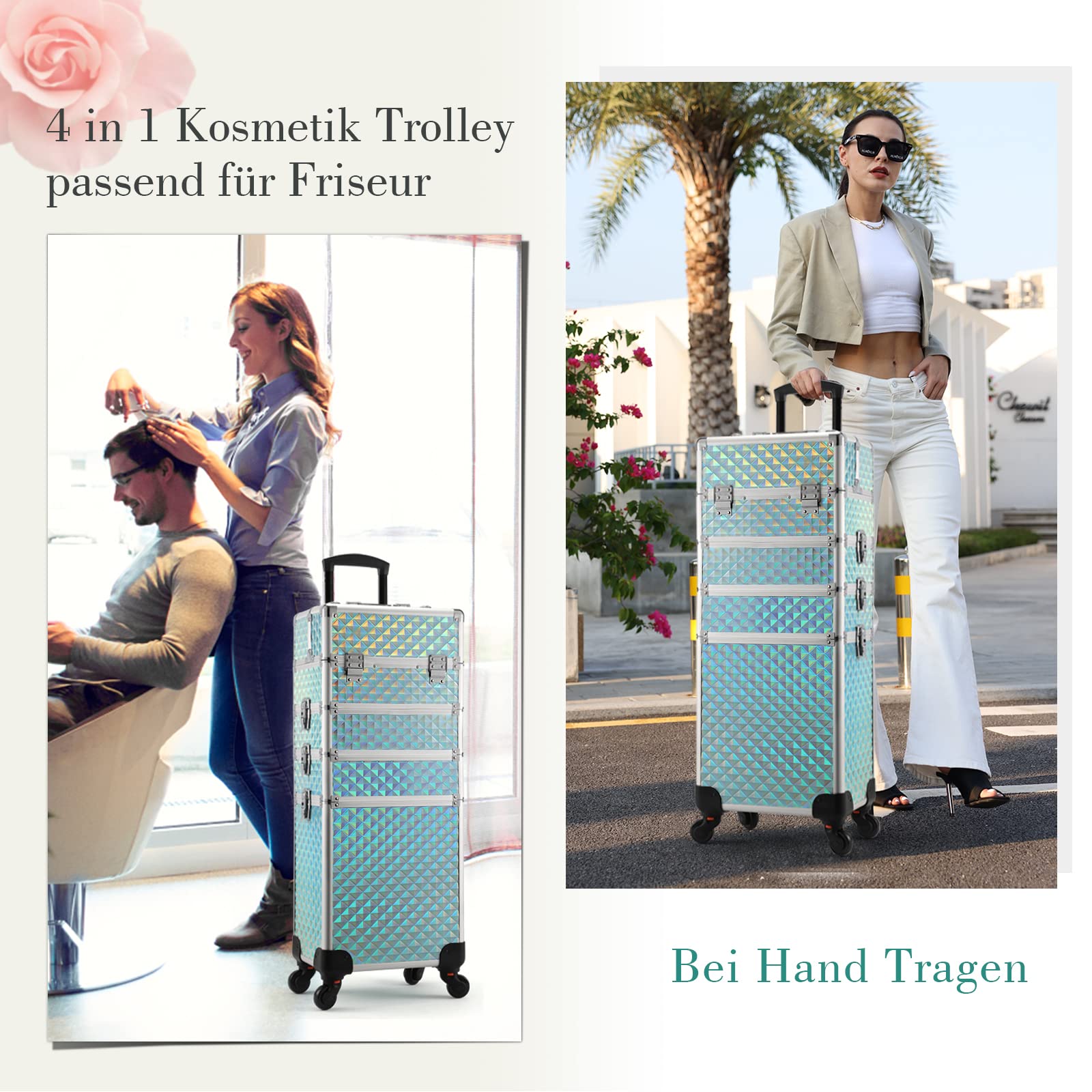 Kosmetikkoffer Trolley 4-in-1 Groß Make up Koffer mit Rollen Alu Beauty Case Aquamarin