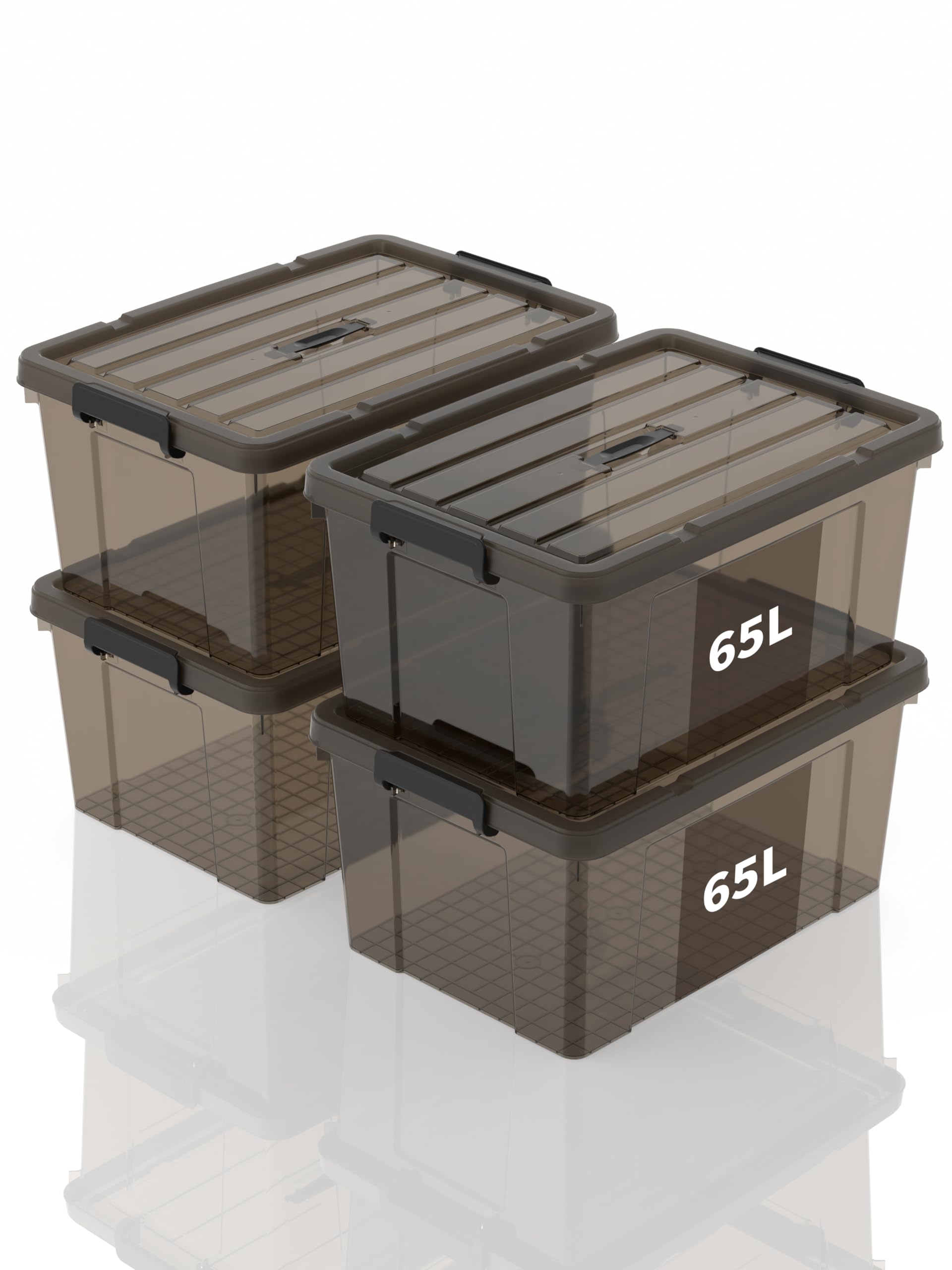 Scatole Portaoggetti, Casse di stoccaggio 65L, Contenitori in Plastica con Coperchio e Maniglia, Trasparente Marrone, Impilabile, Facile da Trasportare, per Casa e Garage, 65L, Set di 4