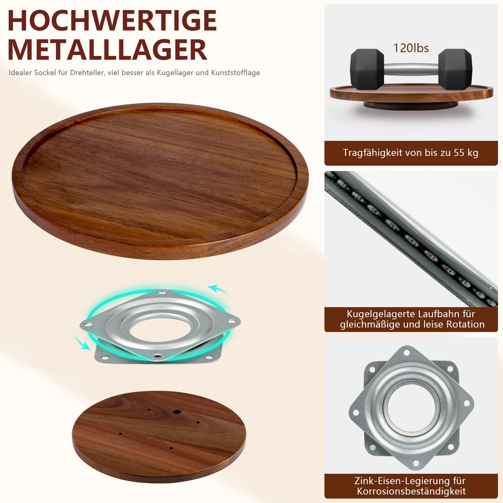 ANBOXIT Drehteller Organizer Lazy Susan, 30,5 cm Drehteller Akazie Holz