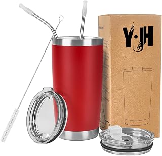 Y·J&H Travel Tumbler Double Wall Vacuum Insulated Stainless Steel Coffee Mug with 2 Splash-Proof Lids, 2 Straws and Free Cleaning Brush, BPA Free