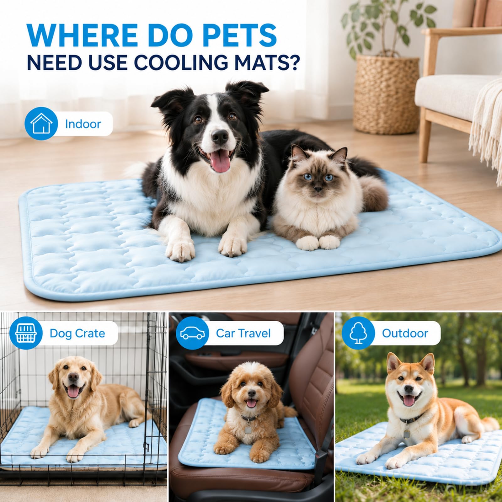 Kühlmatte Kühldecke für Hund Katze 104 * 71cm Selbstkühlend | Sommer Waschbar Hundematte für Groß Mittel Klein Haustiere Hellblau für Zuhause, Outdoor, im Auto Himmelblau