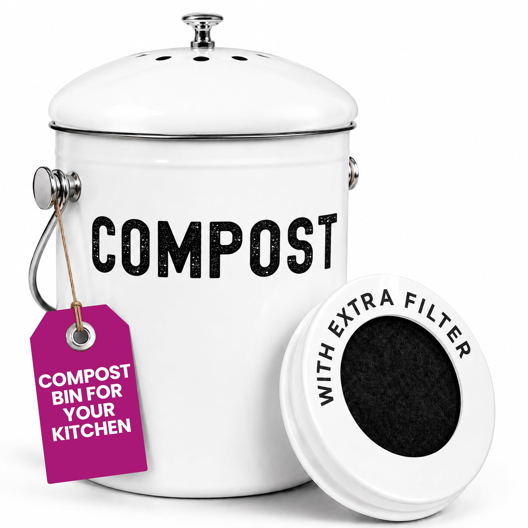 Epica Kitchen Compost Bin for Kitchen Countertops, 1.3 Galllon - White