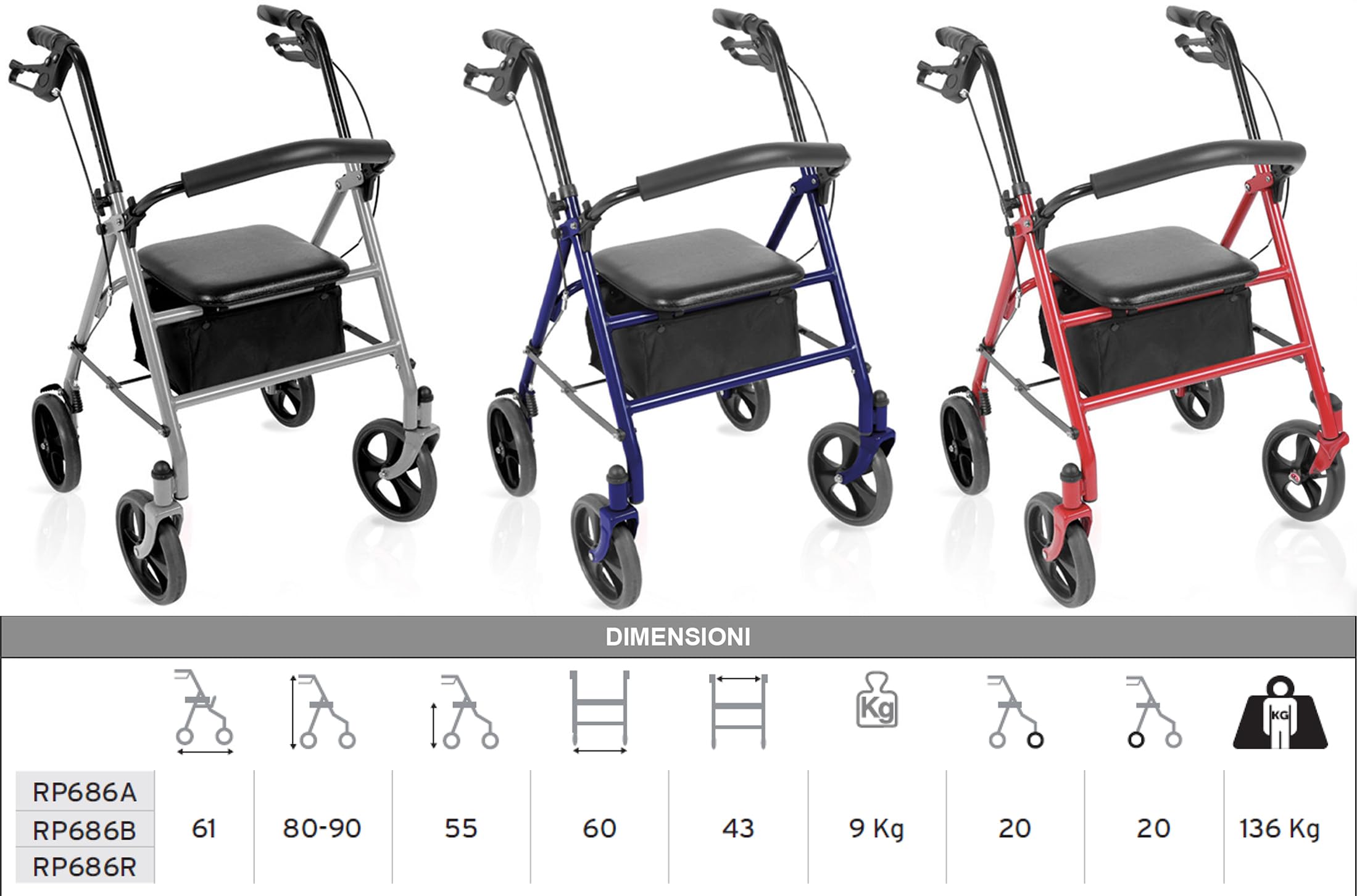 Rollator Andador Ancianos para exteriores Modelo Teti (Rojo)