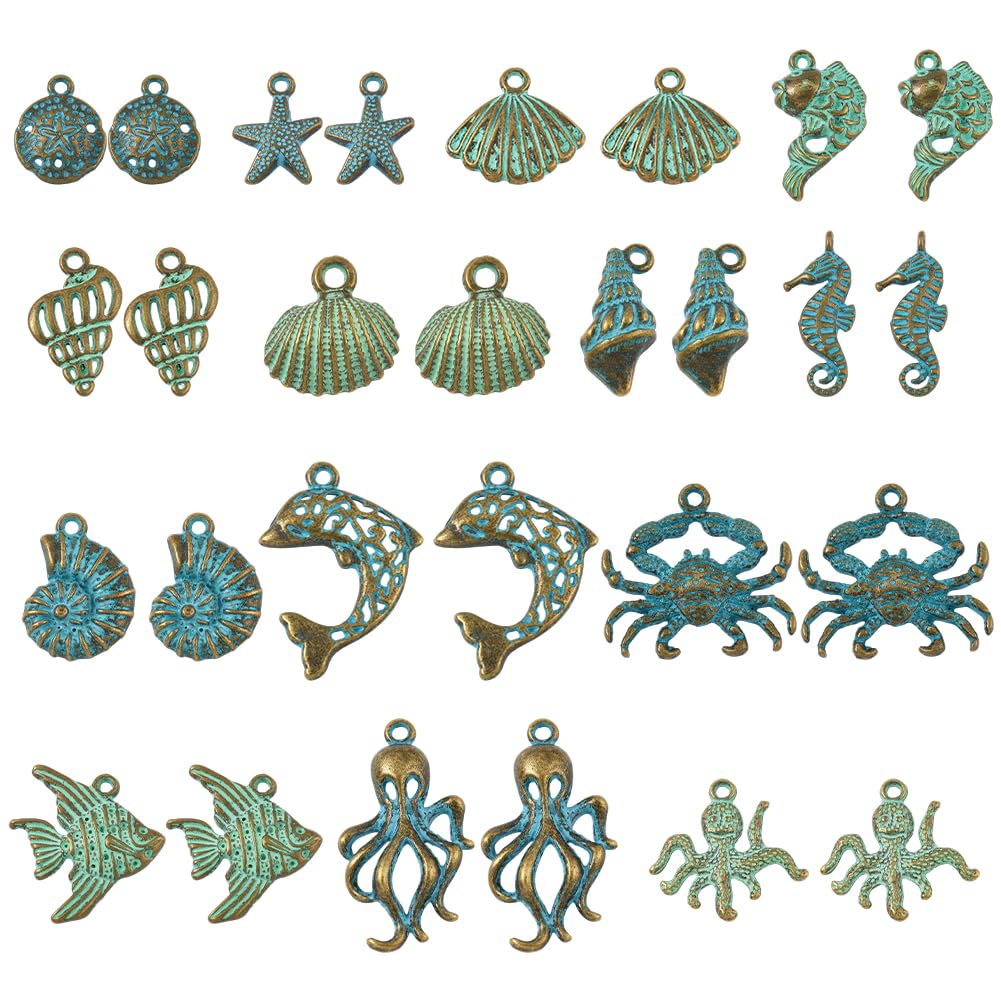 SUNNYCLUE 1 Box 56Pcs 14 Styles Ocean Theme Metal Charms Summer Charm Pendants Bulk Sea Beach Starfish Fish Shell Seahorse Dolphin Octopus Crab Findings for Jewellery Making Earrings Bracelet DIY