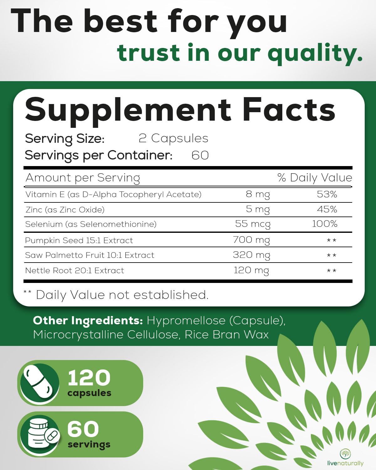 Prostate Health Supplement for Men, Advanced Formula with Saw Palmetto, Pumpkin Seed, Stinging Nettle Root, Zinc, Selenium and Vitamin E, 120 Capsules, Urinary and Prostate Support - Image 4