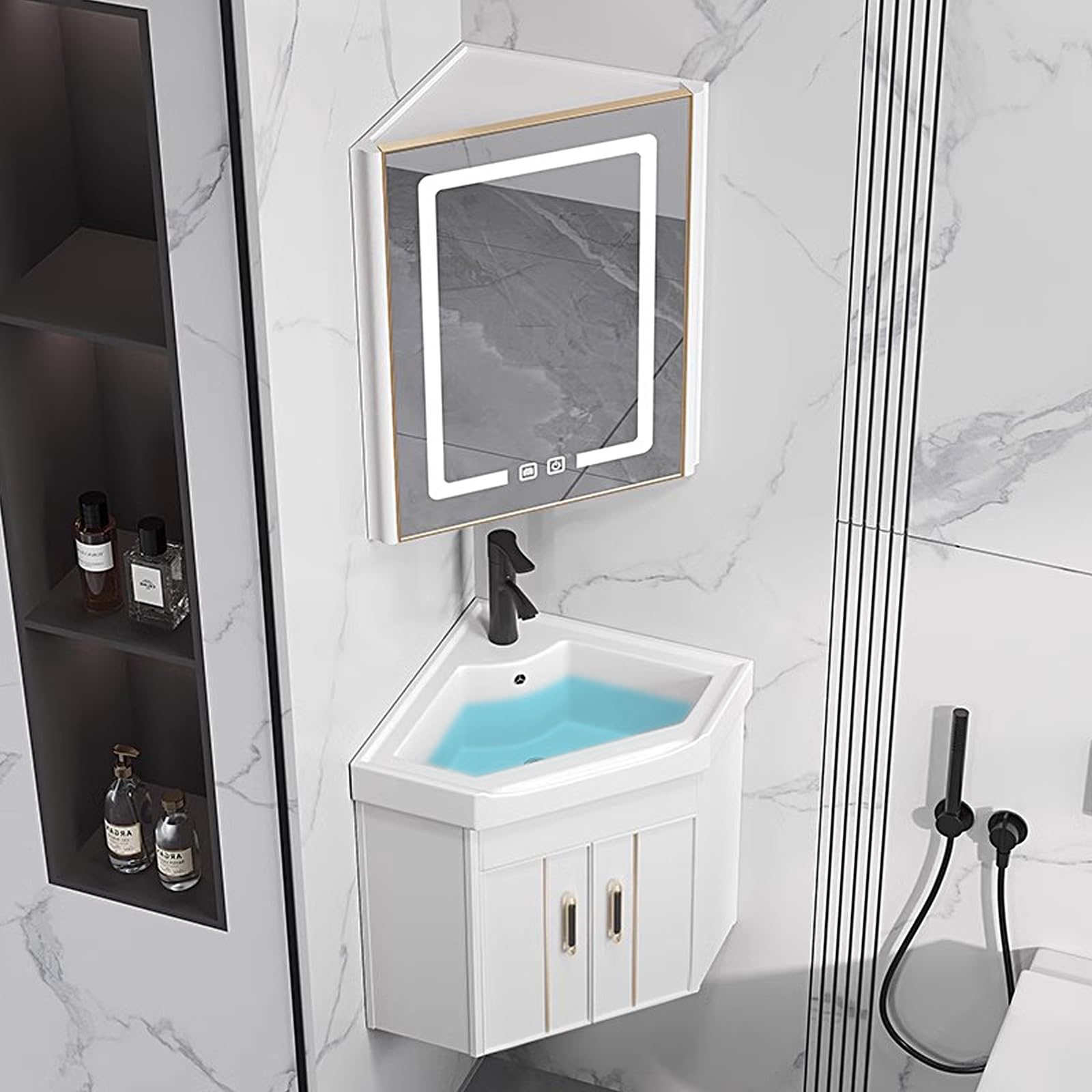 DFGHNBVC Corner Bathroom Vanity Cabinet With Sink, Led Medicine Cabinets Anti-Fog, Wall Mounted Utility Basin For Home Kitchen Patio,White-48Cm/19In