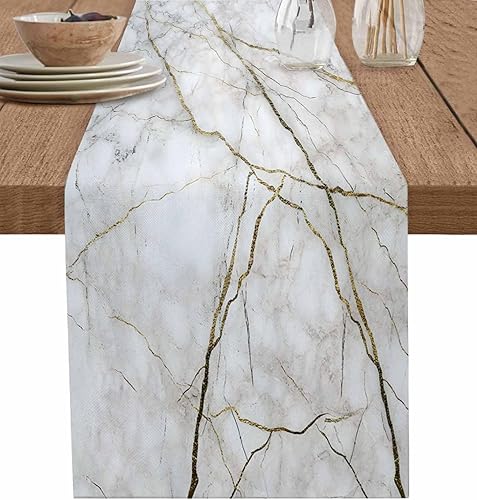 Camino de mesa de mármol de lino de algodón de 108 pulgadas de largo, bufandas de tocador blanco gris dorado, textura para cocina, café, comedor,