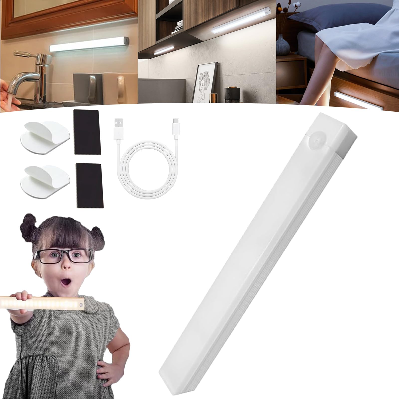 Llelemamo White Punch-Free Smart Sensor Magnetic Rechargeable Led Lights, Rechargeable Motion Activated Cabinet Lights, Motion Sensor Light Indoor, Under Cabinet Bedroom Stair Lighting Wireless Indoor (,30Cm)