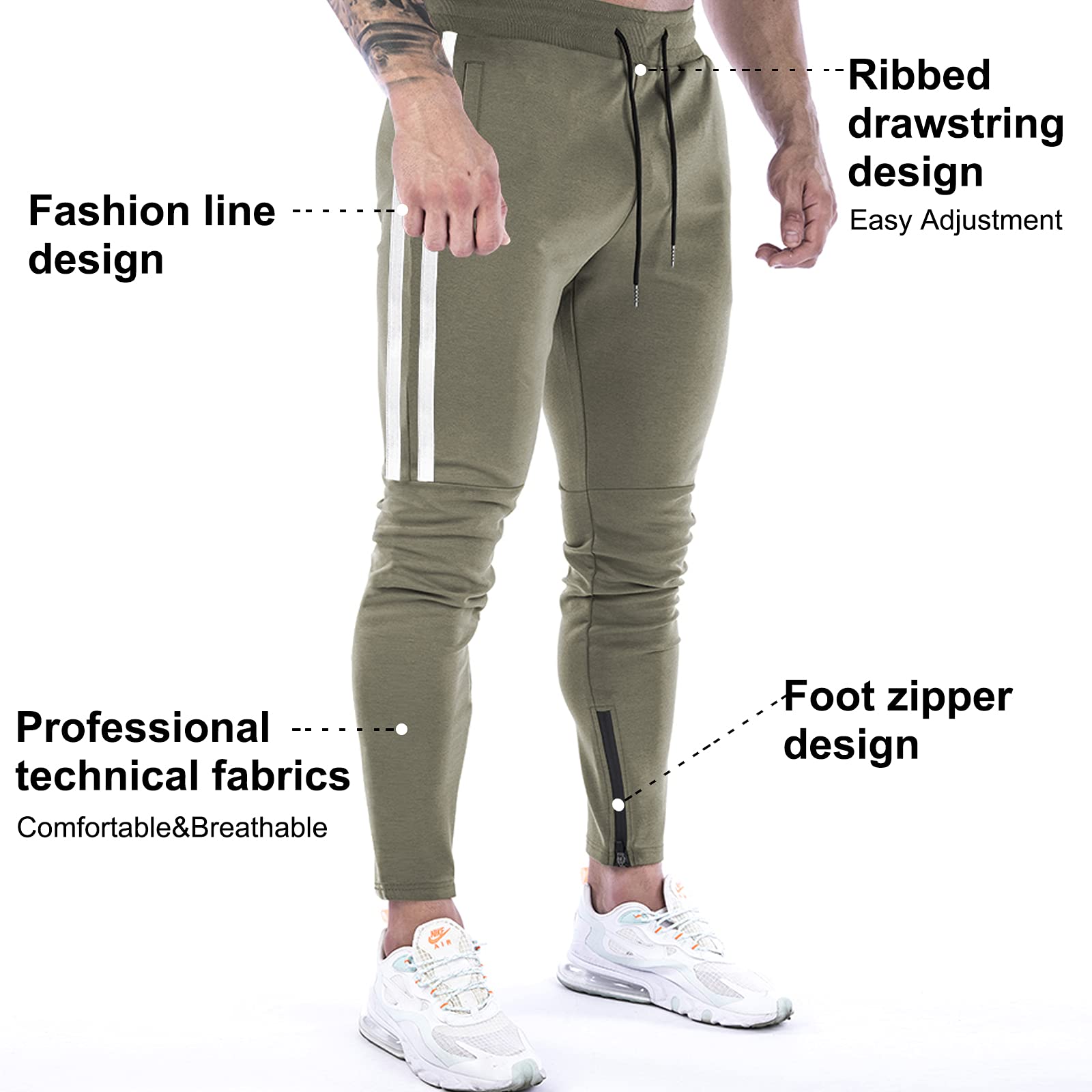 Suwangi Pantaloni Tuta Uomo Palestra Running della Allenamento Slim Fit Design a Righe con Tasche Zip