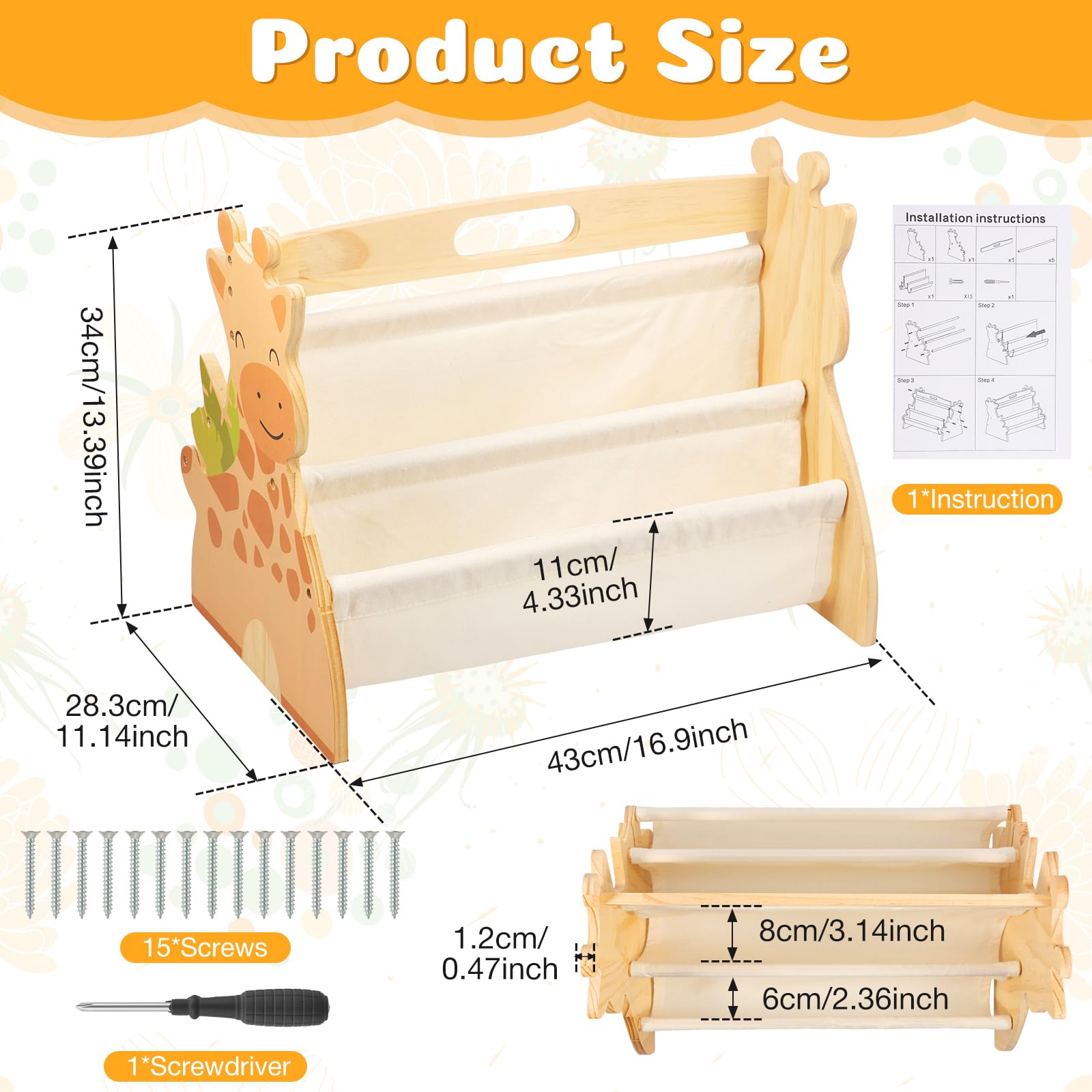 Double Sided Kids Bookshelf 4 Tier Portable Toddler Bookshelf for Kids Rooms & Playroom Cute Giraffe Design Baby Book Shelf Wood Montessori Book Shelf Room Nursery Bedroom Playroom - 2