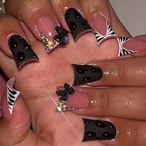 30Pcs Black Duck Press on Nails Short French Tip Fake