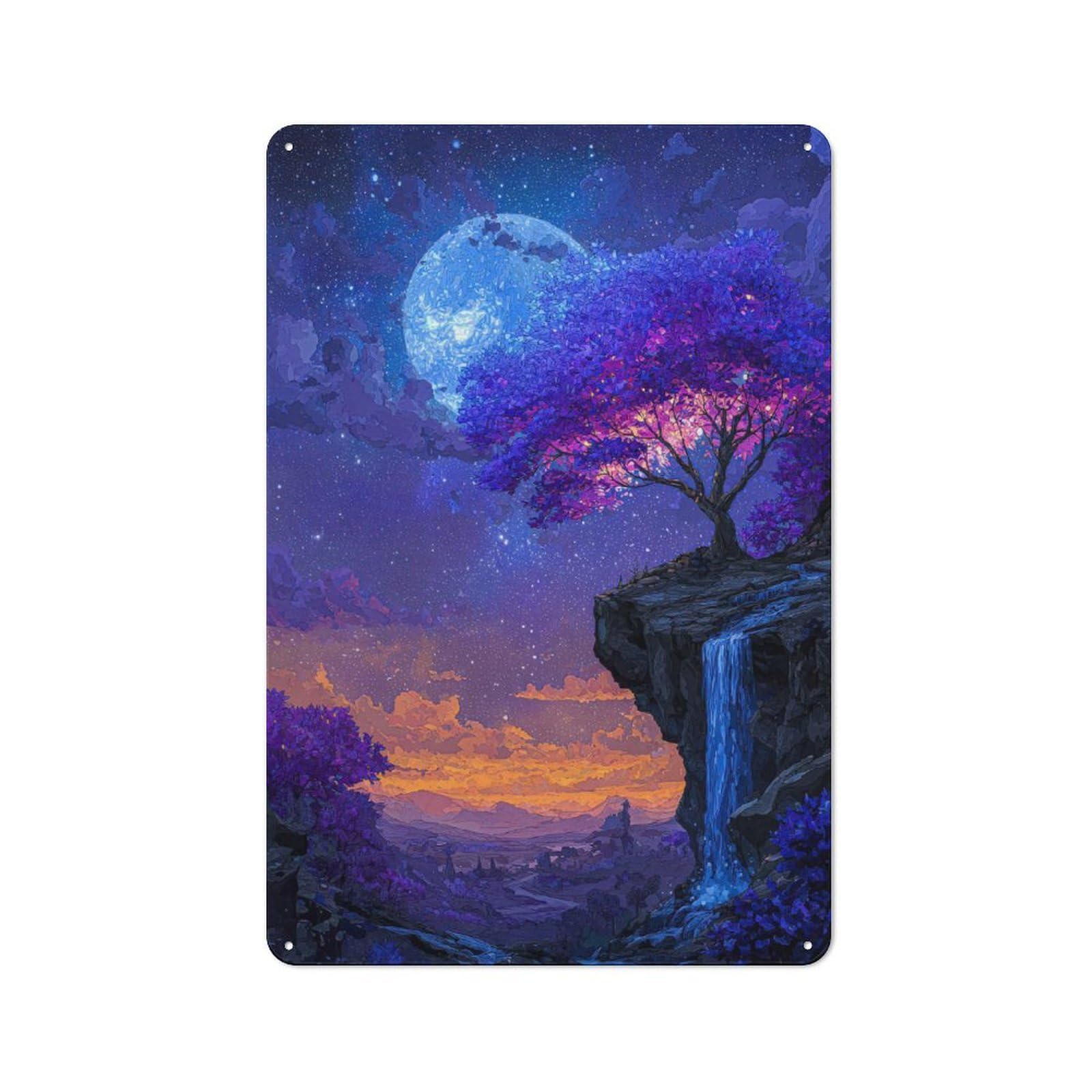 Junmoney Style-12 Smart Enchanted Night Landscape With Waterfall Office Metal Sign 30X20cm, Creative Space Decor For Home Office, Reading Corner Or Bedroom